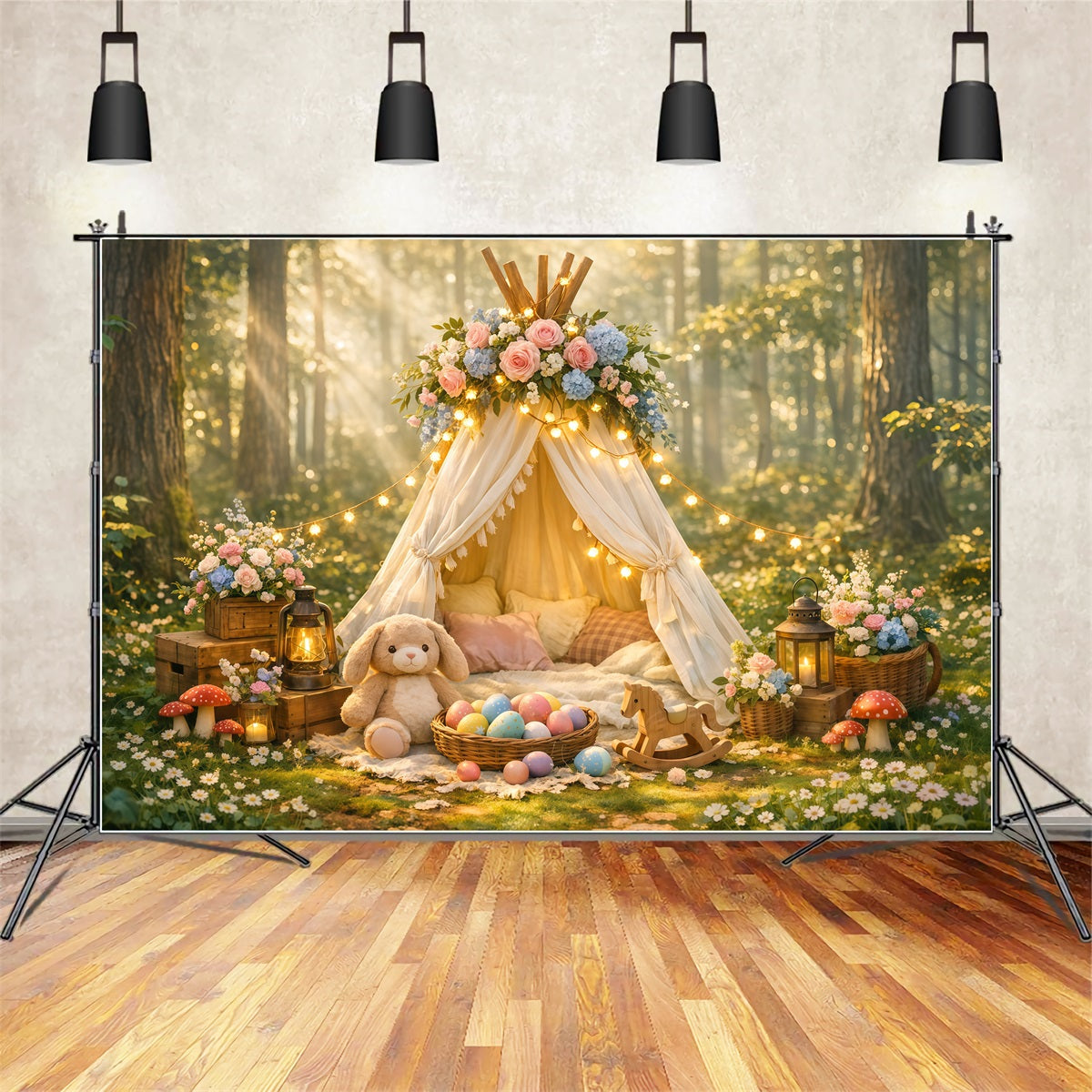 Baby Easter Backdrop Enchanted Forest Floral Teepee Easter Party Backdrop LXX62-77