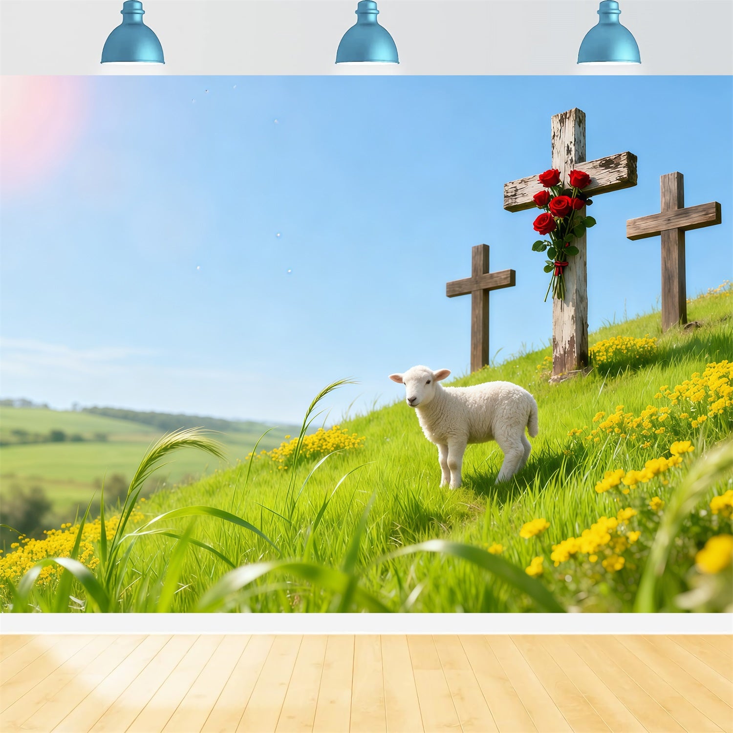 Church Backdrop For Easter Spring Meadow Lamb Three Crosses Easter Themed Backdrops LXX62-84