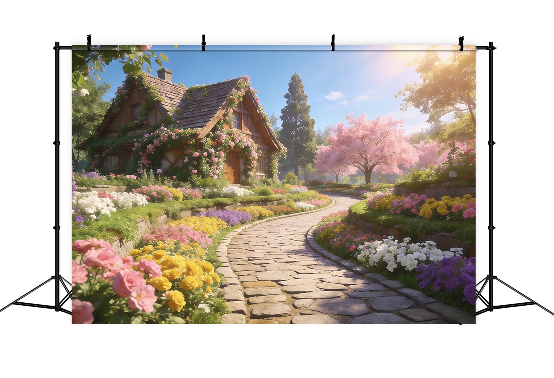 Romantic Cottage Mother's Day Backdrop Spring Flower Path Sunshine Happy Mothers Day Backdrop LXX63-15