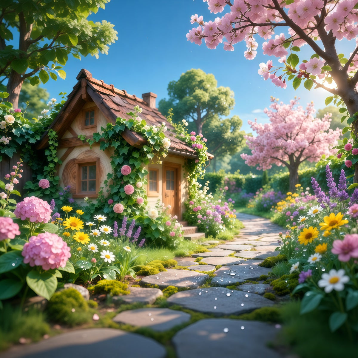 Romantic Cottage Mother's Day Backdrop Charming Bloom Stone Path Happy Mothers Day Backdrop LXX63-16