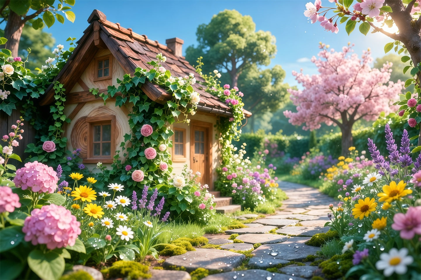 Romantic Cottage Mother's Day Backdrop Charming Bloom Stone Path Happy Mothers Day Backdrop LXX63-16
