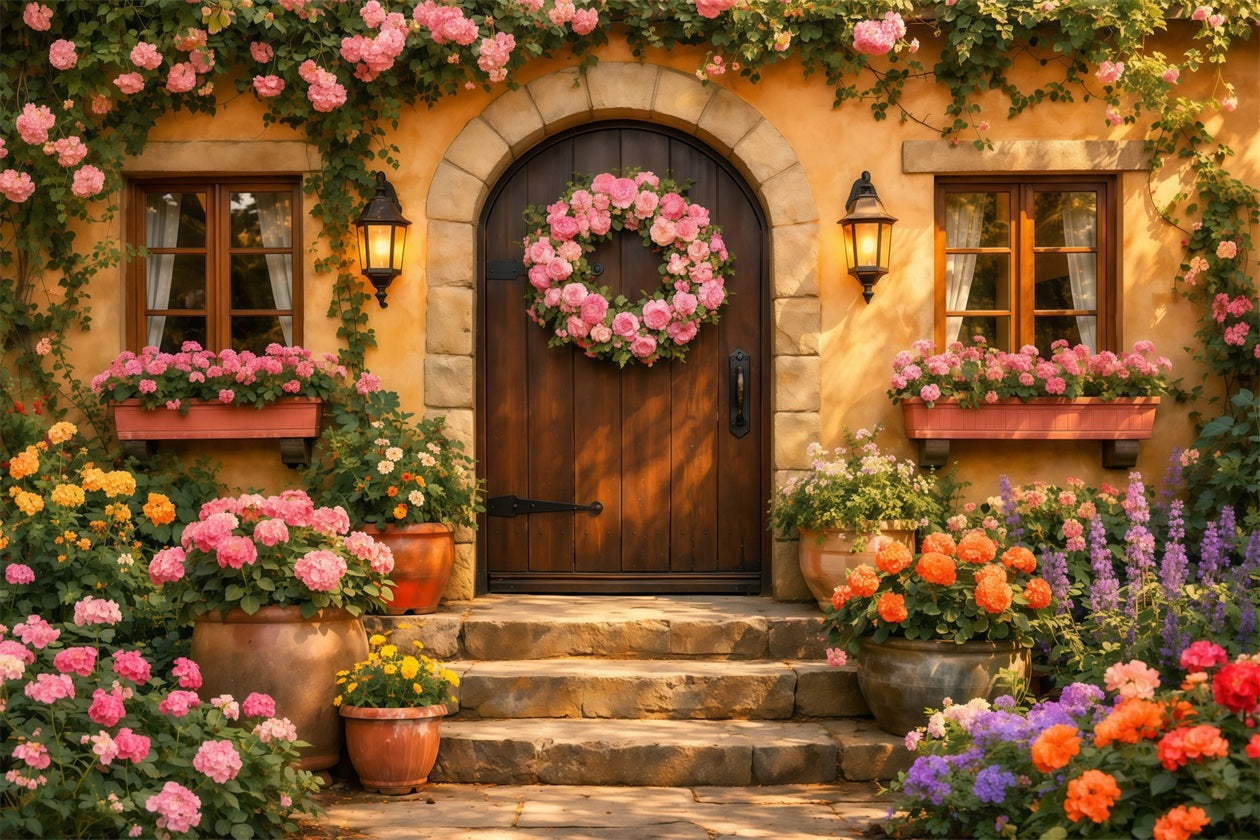 Romantic Cottage Mother's Day Backdrop Floral Wreath Door Lantern Happy Mothers Day Backdrop LXX63-18