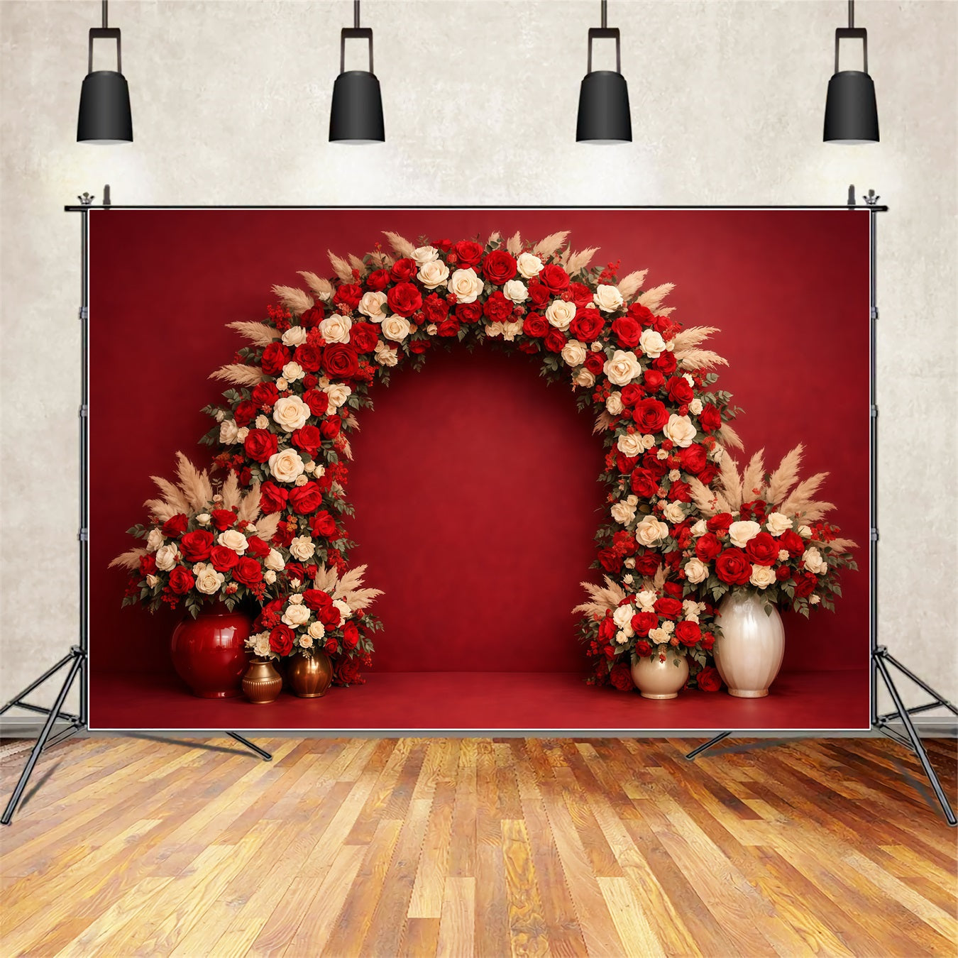 Floral Arch Mother's Day Backdrop Elegant Wall Red Ivory Rose Mothers Day Backdrop Ideas LXX63-19