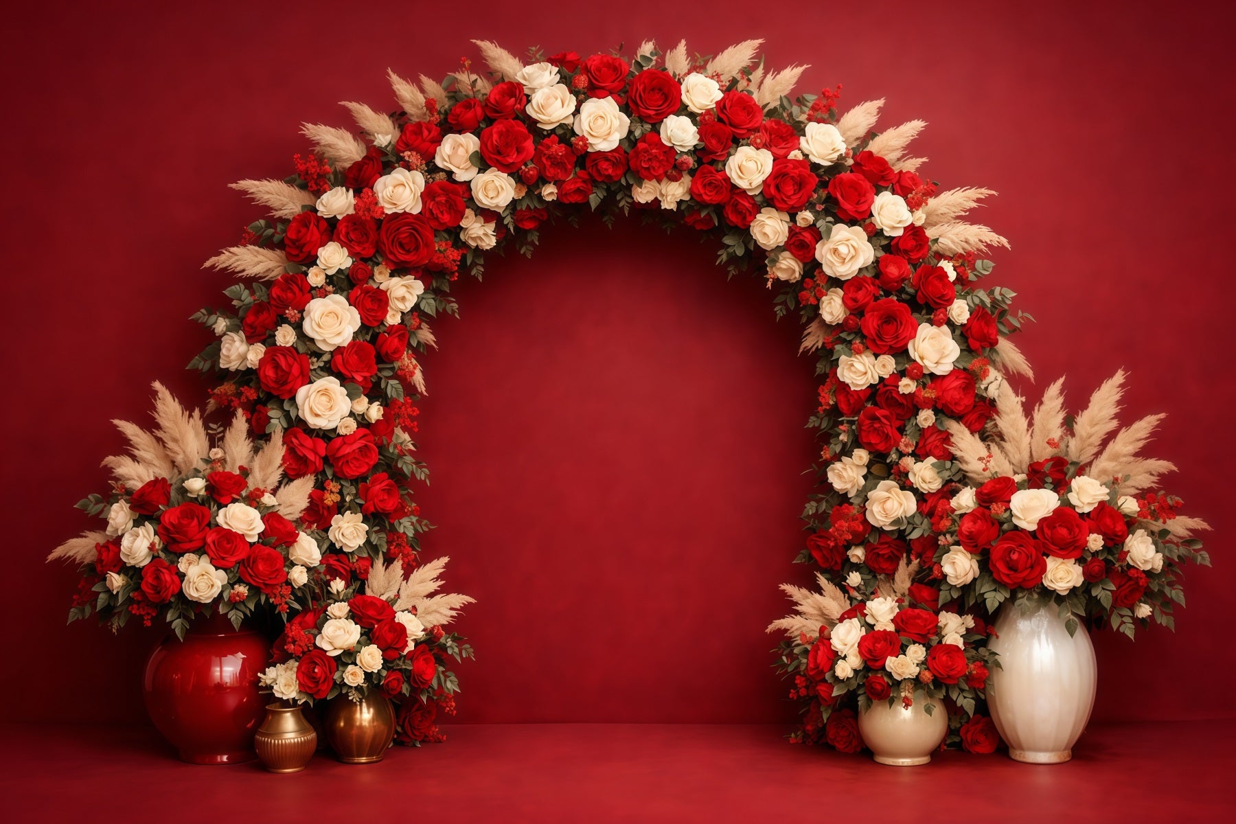 Floral Arch Mother's Day Backdrop Elegant Wall Red Ivory Rose Mothers Day Backdrop Ideas LXX63-19
