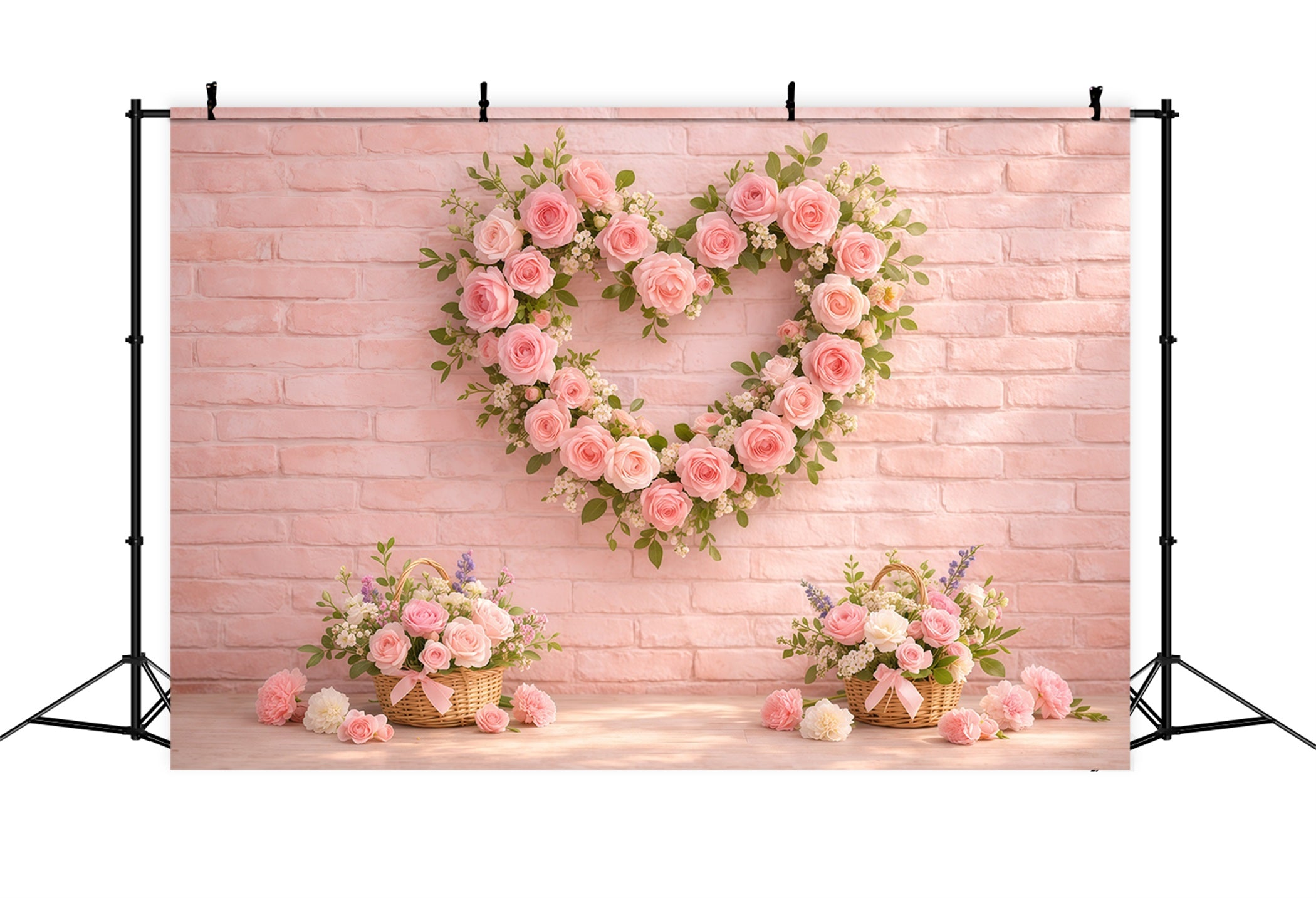 Pink Brick Wall Mother's Day Backdrop Rose Heart Wreath Basket Mother's Day Photo Backdrop Ideas LXX63-23