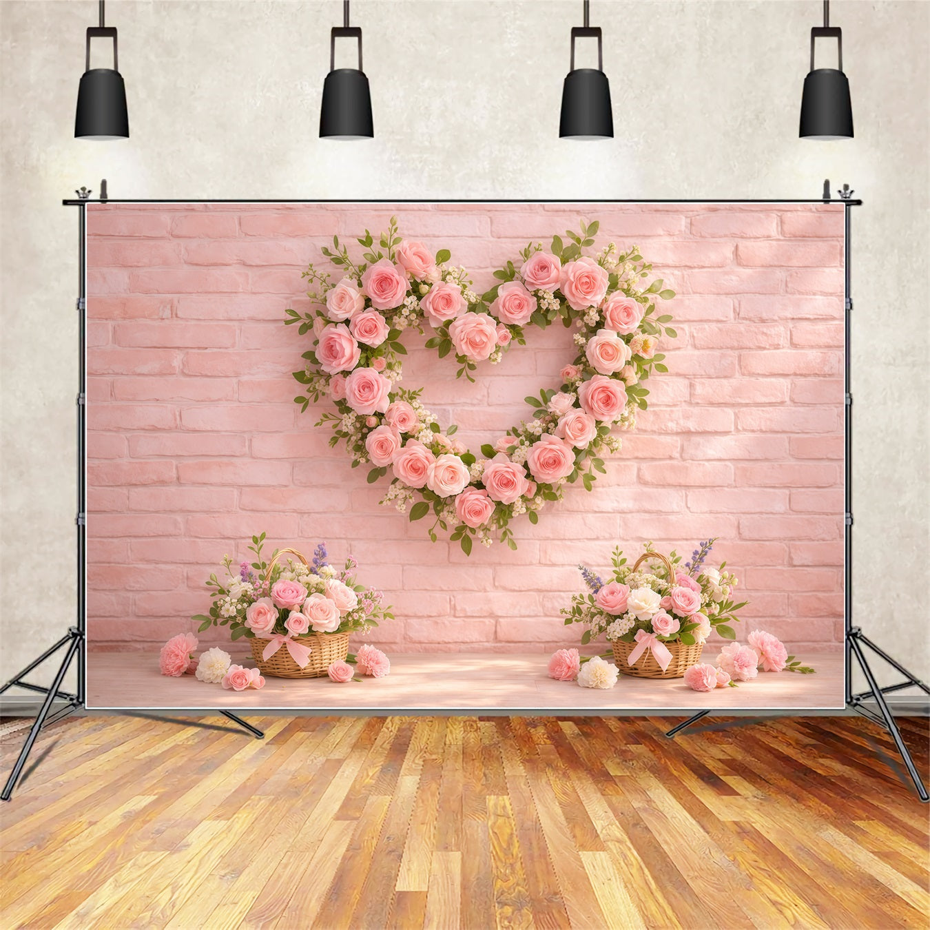 Pink Brick Wall Mother's Day Backdrop Rose Heart Wreath Basket Mother's Day Photo Backdrop Ideas LXX63-23