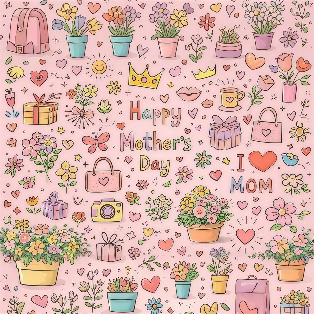 Mom Letters Mother's Day Backdrop Cute Doodle Floral Gift Pattern Backdrop For Mother's Day LXX63-26