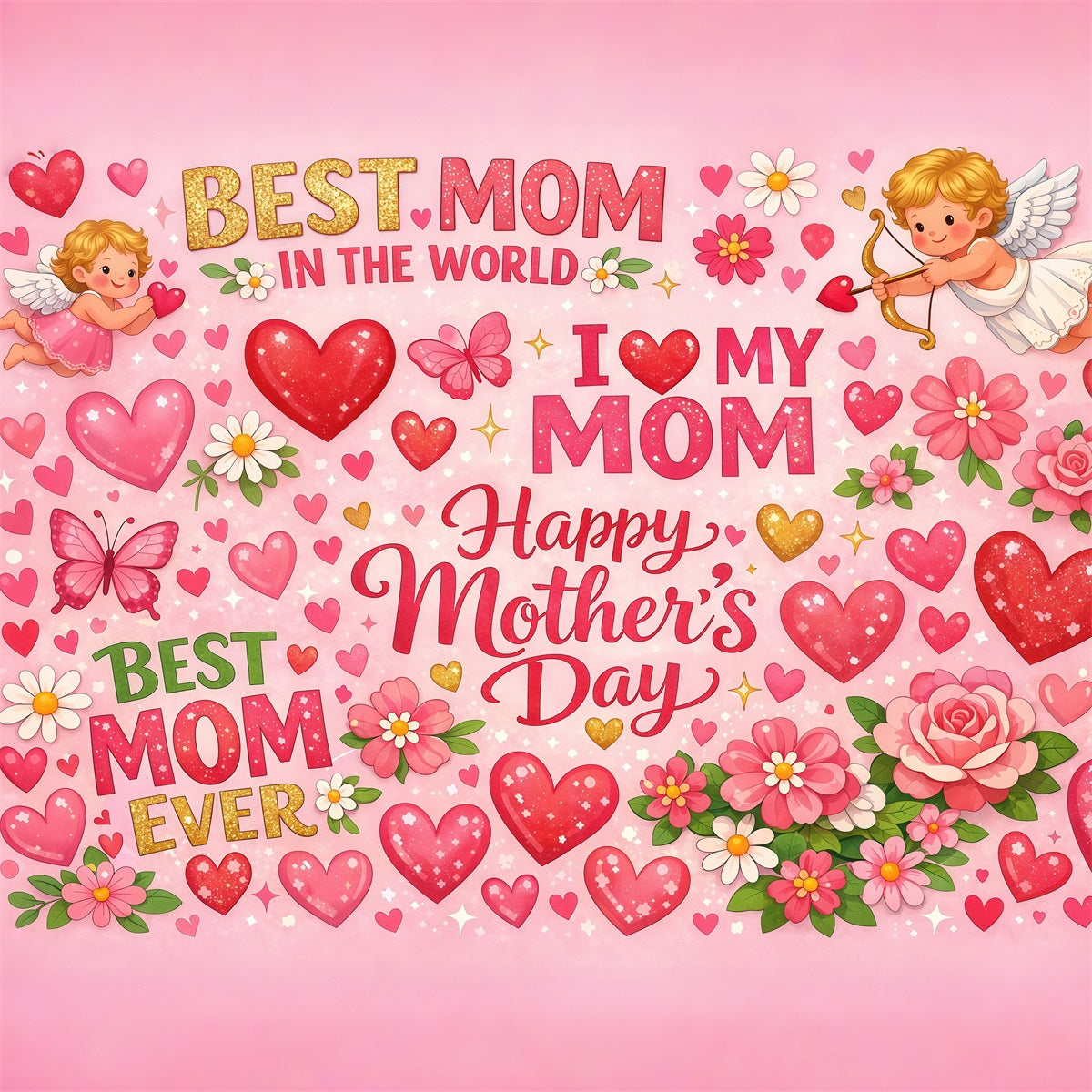 Mom Letters Mother's Day Backdrop Cartoon Love Heart Typography Backdrop For Mother's Day LXX63-27