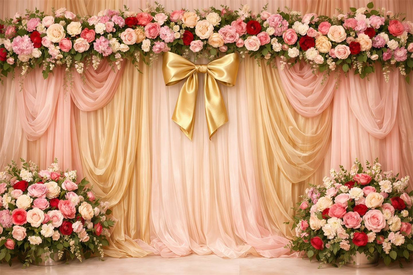 Pink Gold Romance Mother's Day Backdrop Pink Gold Draped Floral Bow Backdrops For Mother's Day LXX63-29