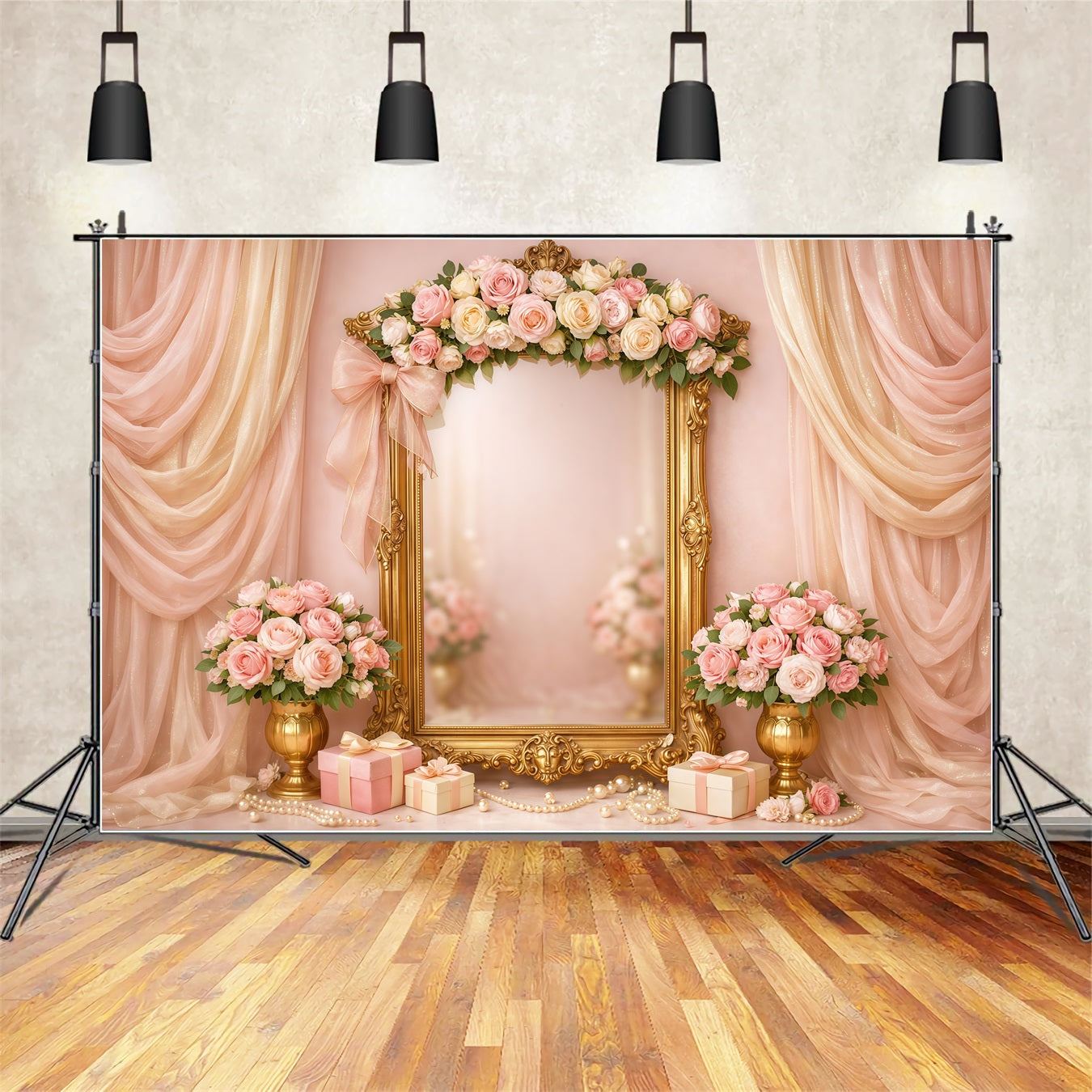 Pink Gold Romance Mother's Day Backdrop Luxury Frame Floral Gift Backdrops For Mother's Day LXX63-31