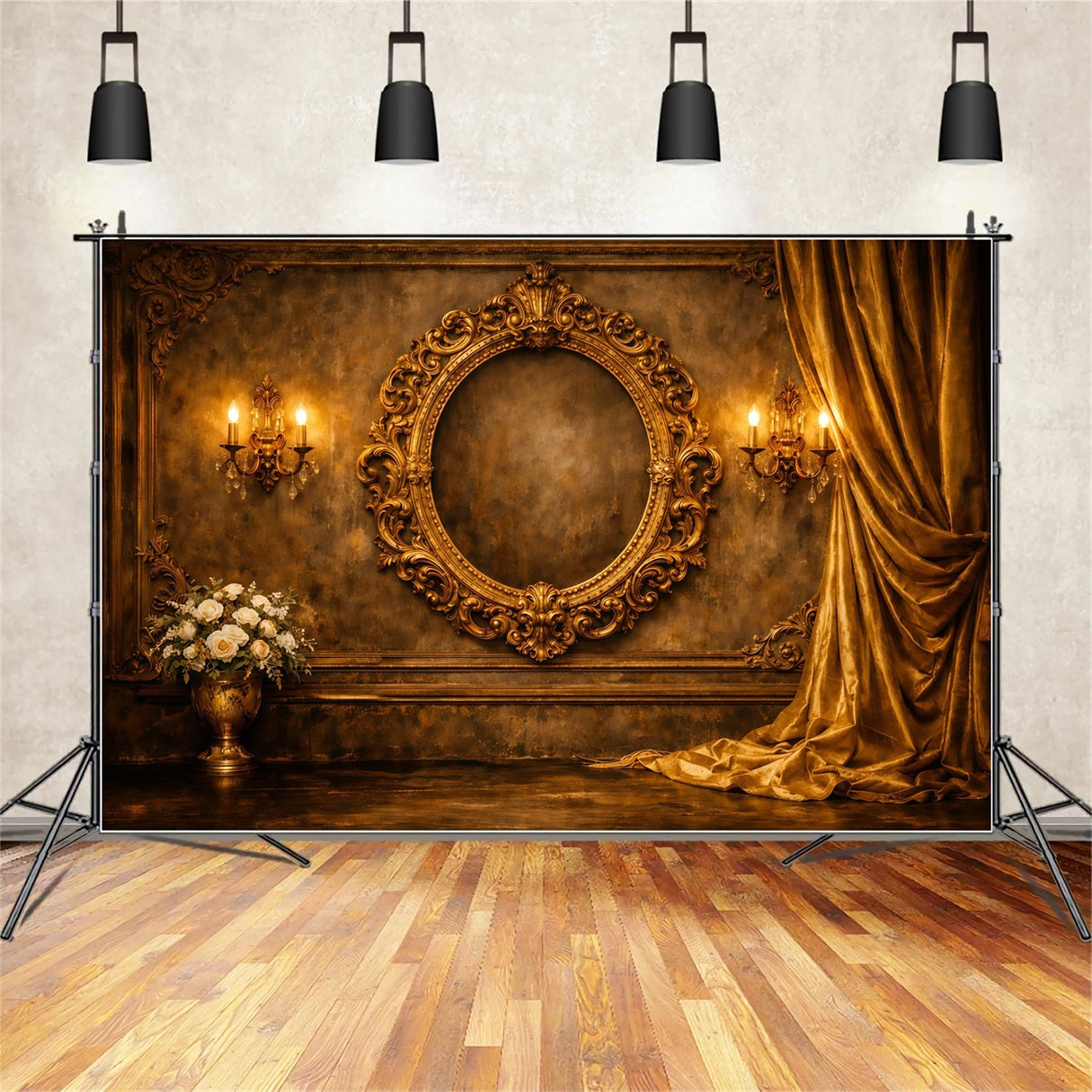 Pastel Retro Mother's Day Backdrop Gold Ornate Frame Velvet Drapes Mothers Day Photo Backdrops LXX63-40