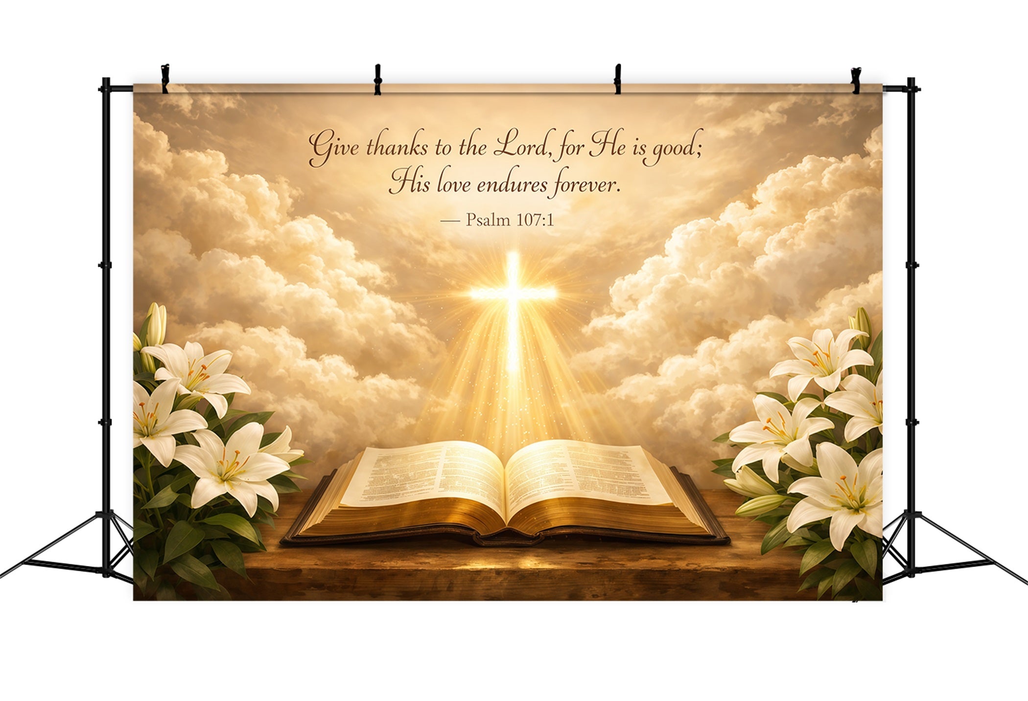 Mother's Day Backdrop Ideas For Church Golden Light Cross Lily Clouds Happy Mothers Day Photo Backdrop LXX63-50
