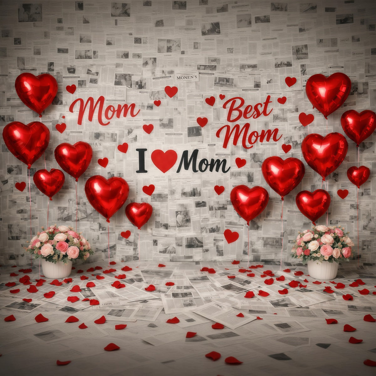 Mother's Day Backdrop For School Red Heart Balloon Newspaper Collage Happy Mothers Day Backdrops LXX63-53