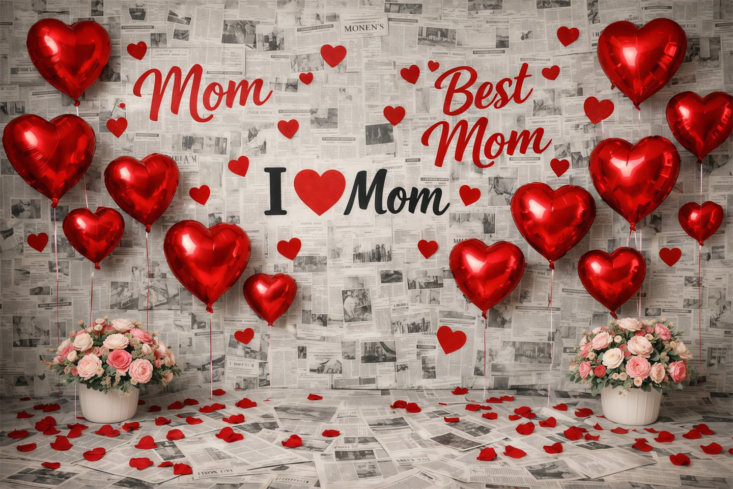 Mother's Day Backdrop For School Red Heart Balloon Newspaper Collage Happy Mothers Day Backdrops LXX63-53
