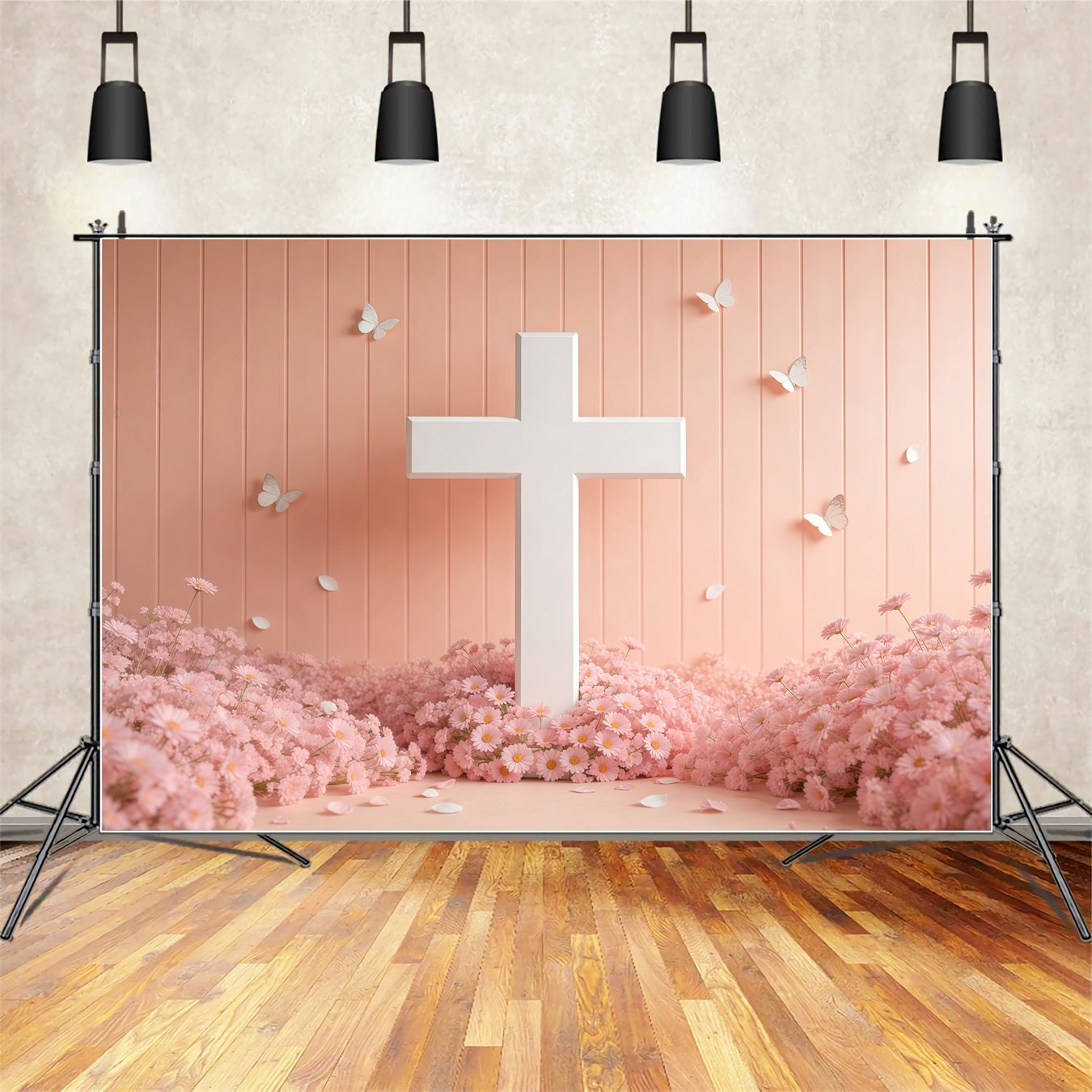 Mother's Day Backdrop Church White Cross Pink Daisy Butterfly Mother Day Photo Backdrops LXX63-54