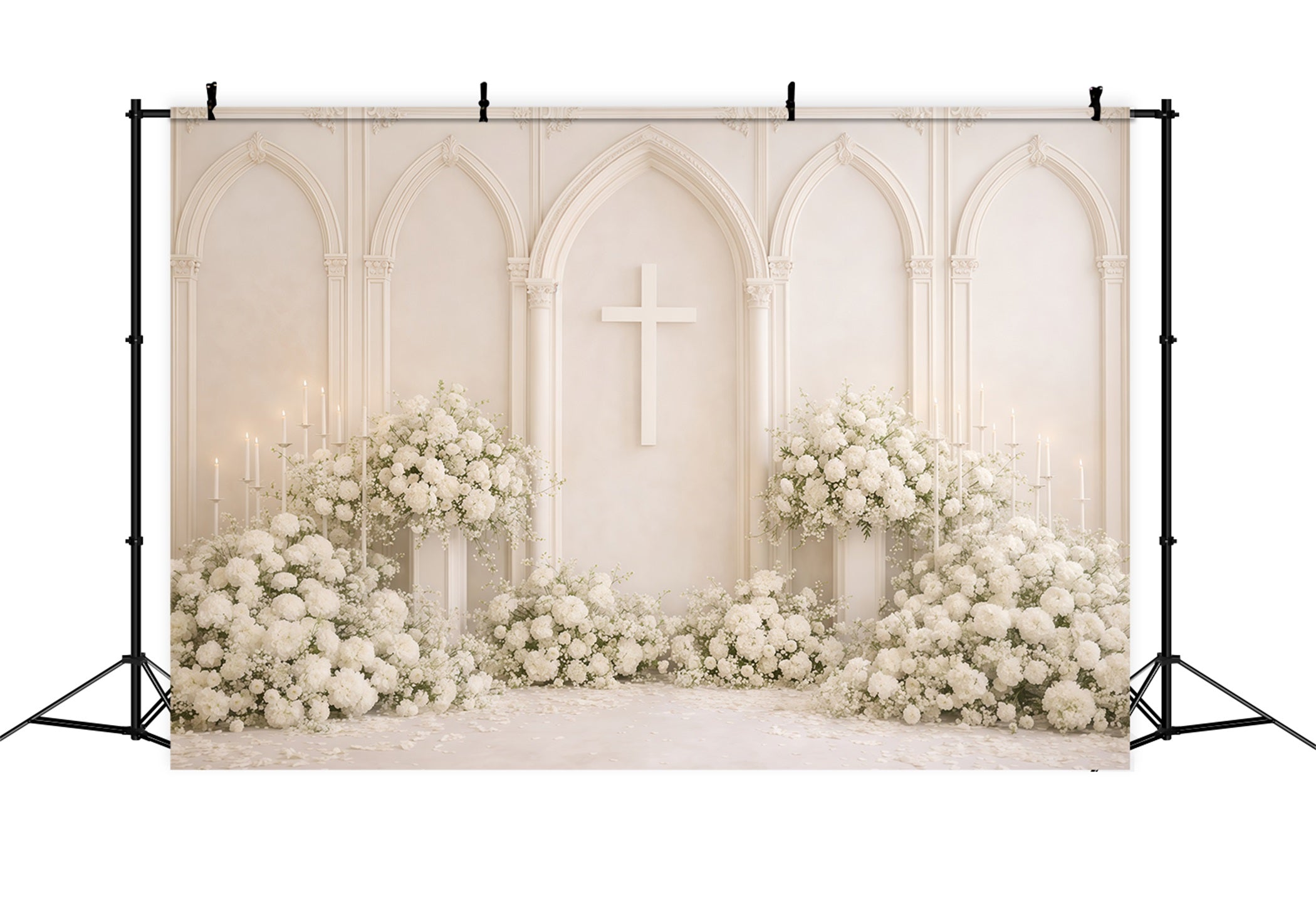 Mothers Day Backdrop Church White Floral Cross Arch Cathedral Elegance Mothersday Backdrop LXX63-62