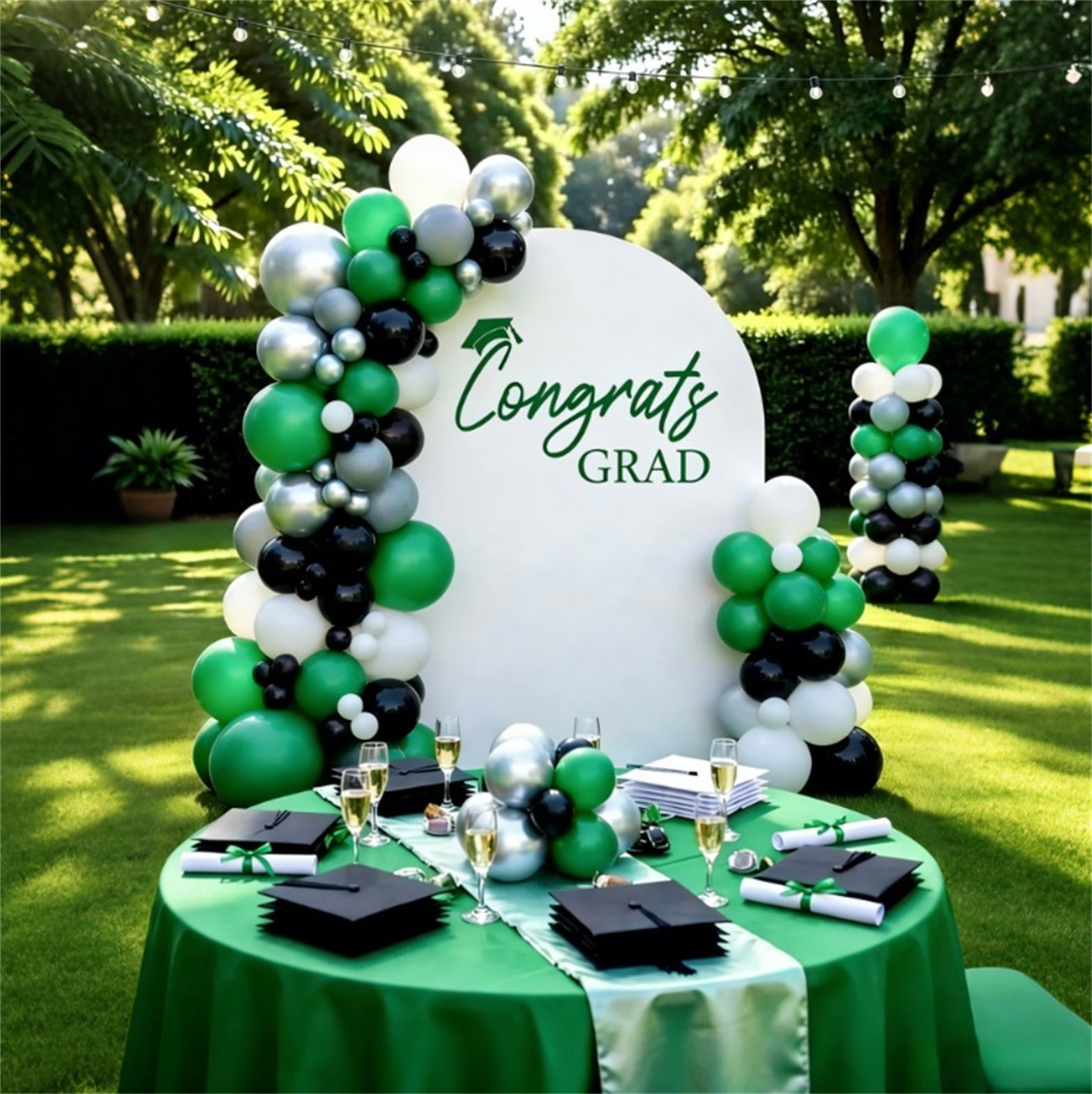 Luxury Graduation Backdrop White Green Custom Script Cap Elegant Graduation Backdrop LXX64-12