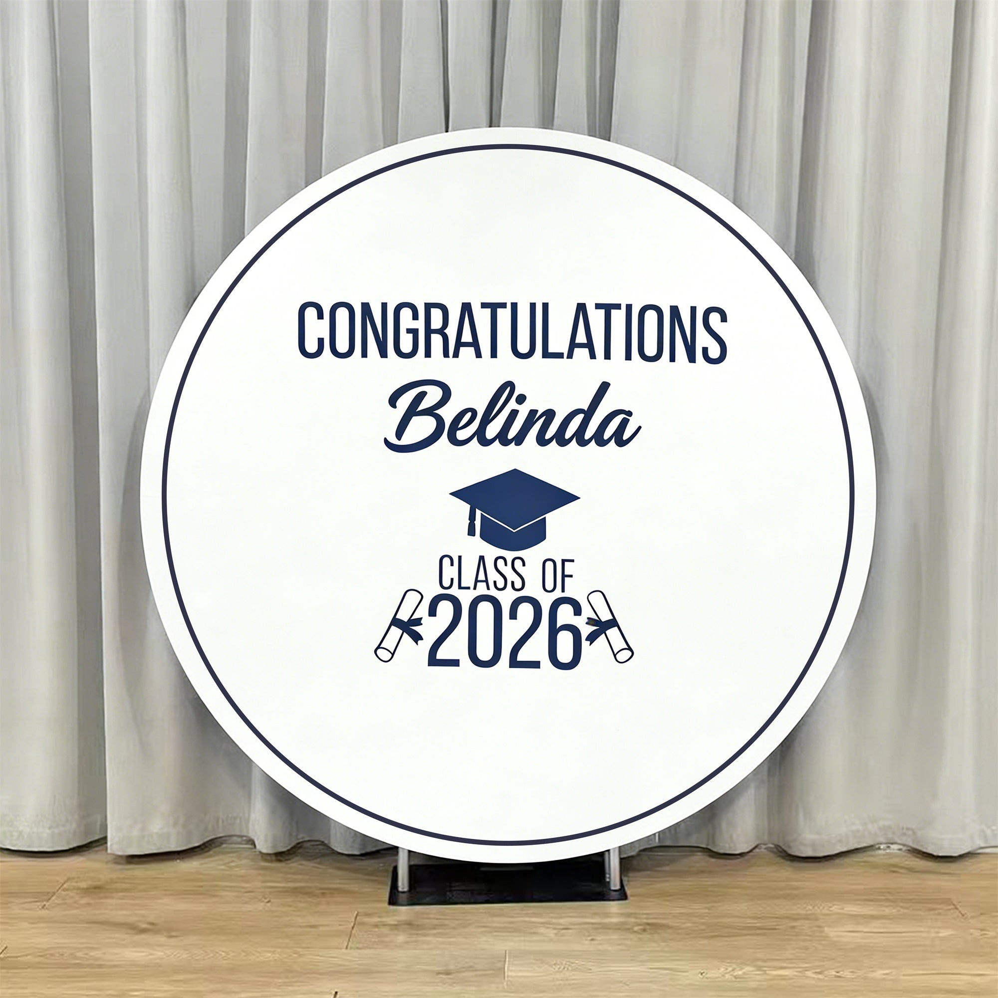 High School Graduation Round Backdrop White Navy Typography Diploma Senior Round Backdrop LXX64-23
