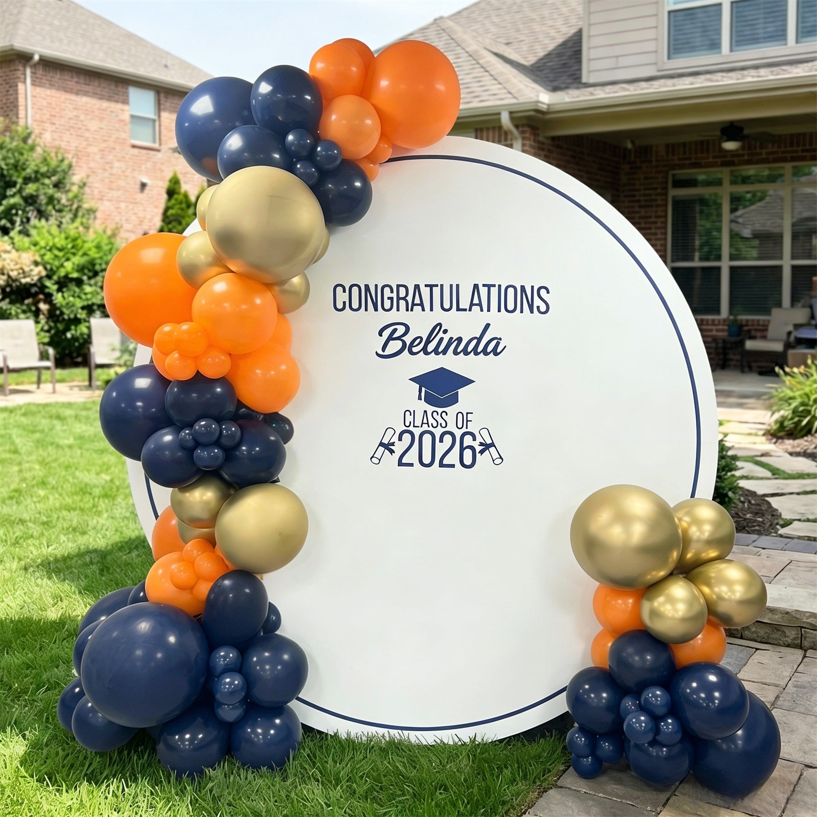 High School Graduation Round Backdrop White Navy Typography Diploma Senior Round Backdrop LXX64-23