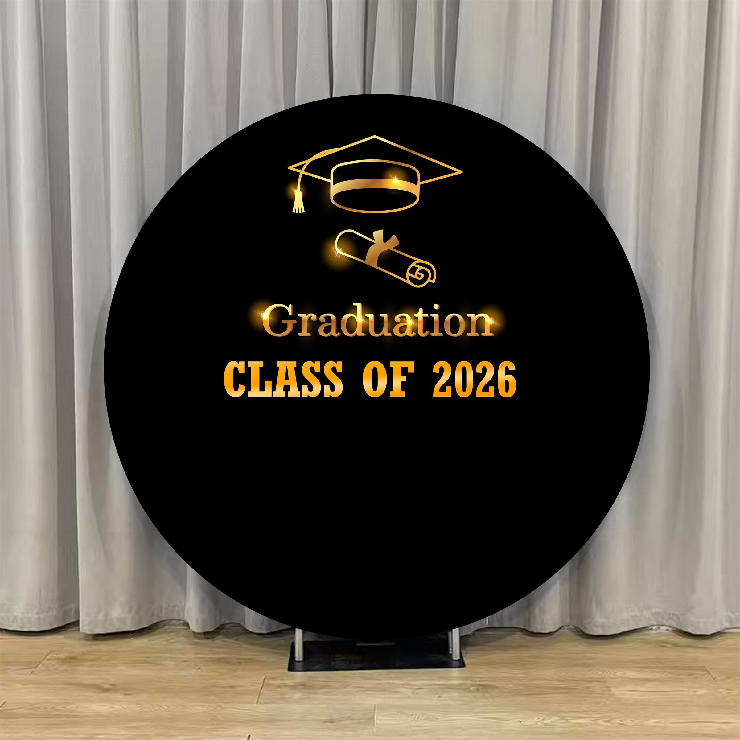 Large Graduation Round Backdrop Black Gold Glitter Cap Diploma Extra Large Graduation Round Backdrop LXX64-25