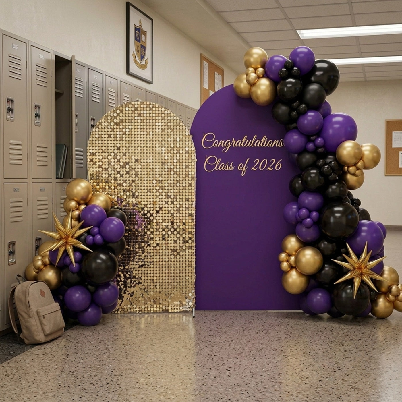 Graduation Arch Backdrop Gold Sequin Purple Dual Class of 2026 Balloon Arch Backdrop LX64-27