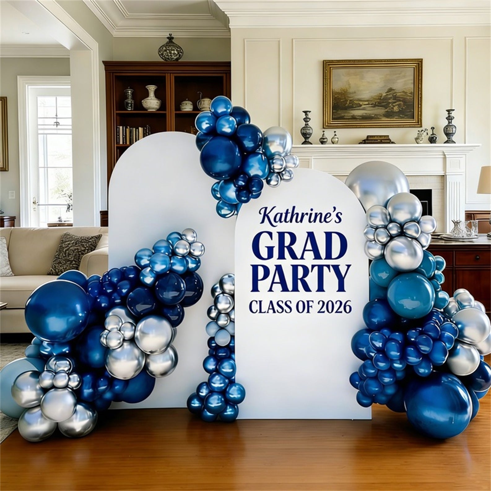 Personalized Graduation Backdrop White Navy Grad Party Custom Graduation Backdrop LXX64-3