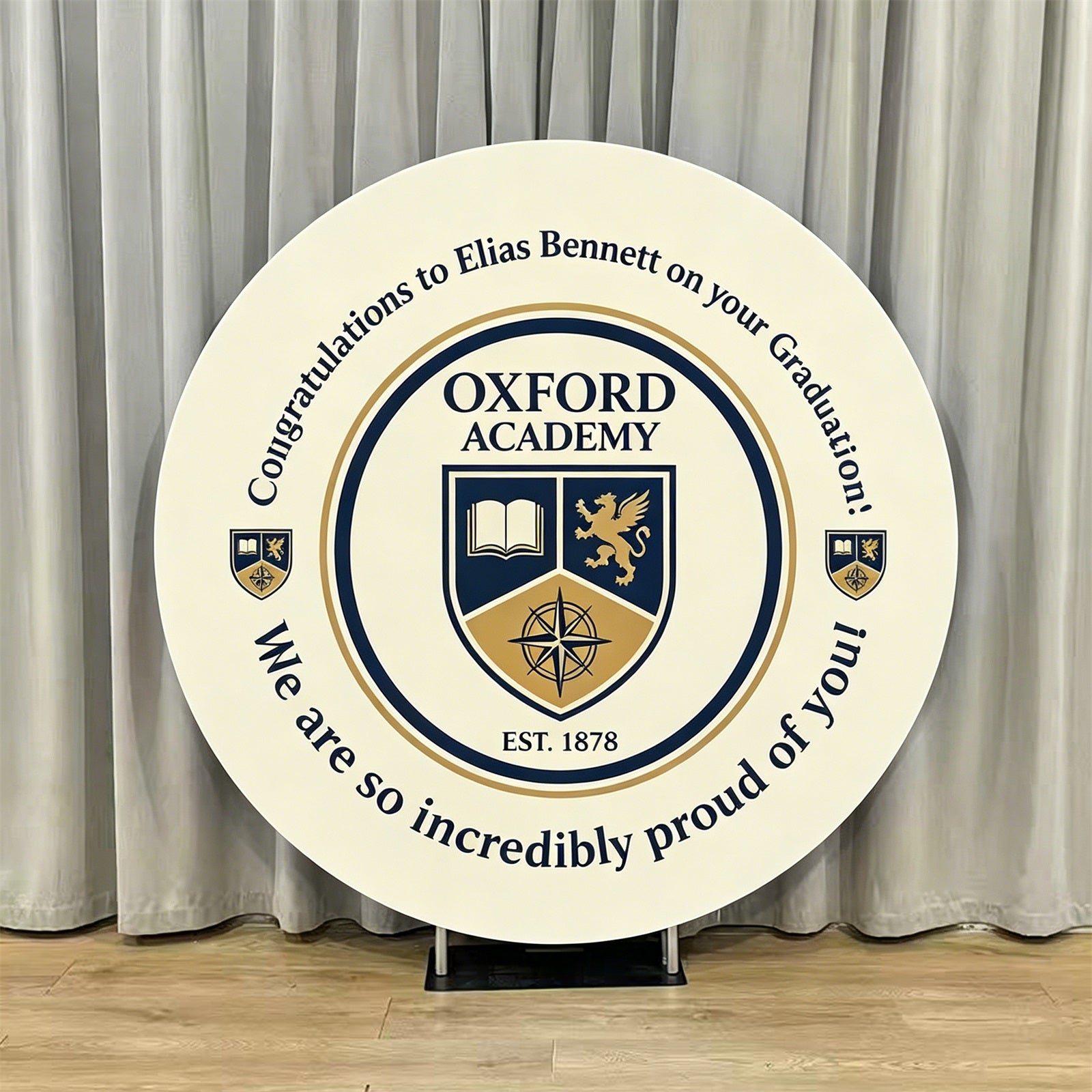 Congrats Grad Round Backdrop Cream Personalized Name School Graduation Round Party Backdrop LXX64-46