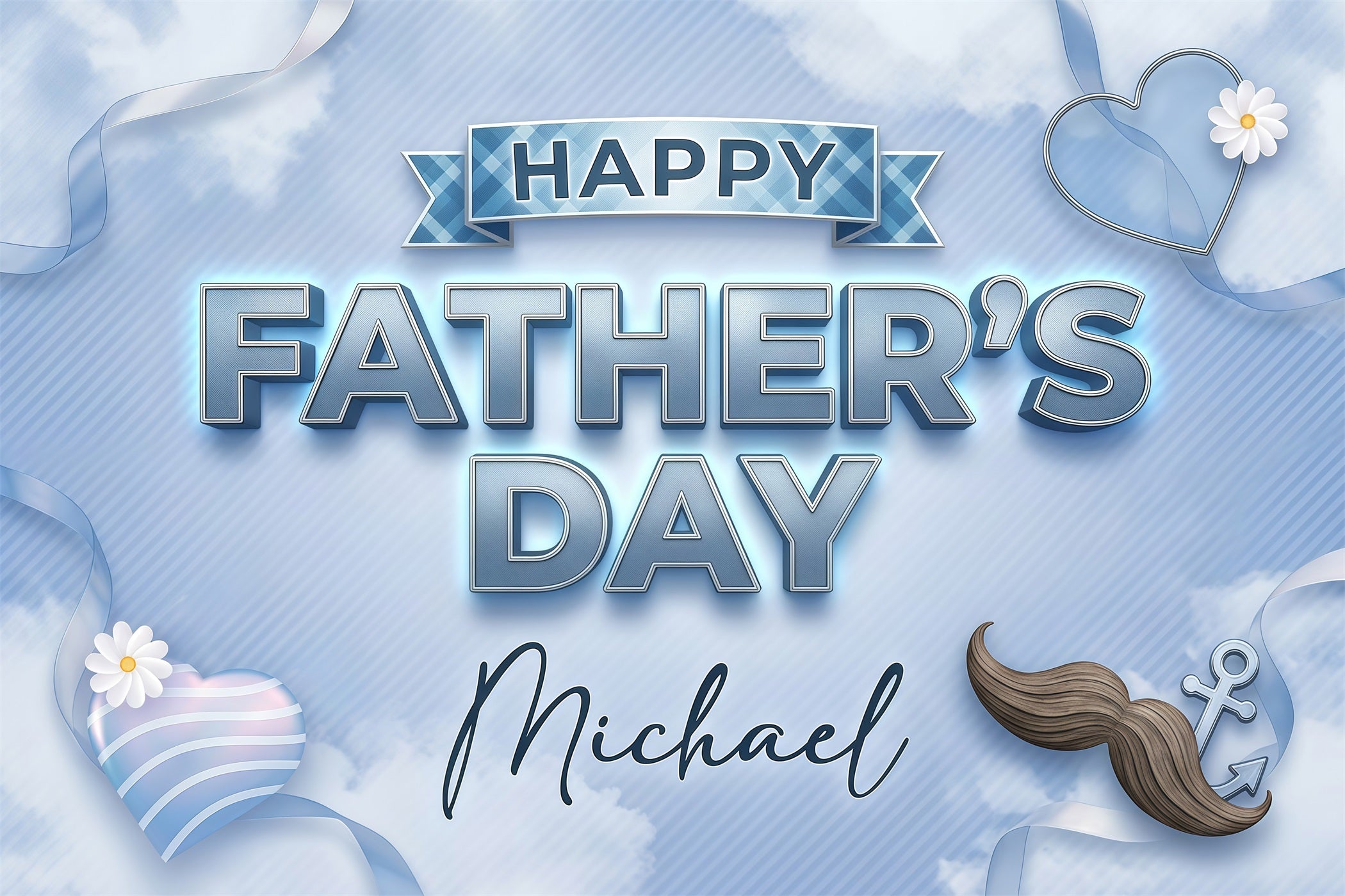 Father's Day Backdrop For Church Blue Ribbon Clouds Mustache Heart Church Backdrops LXX64-88