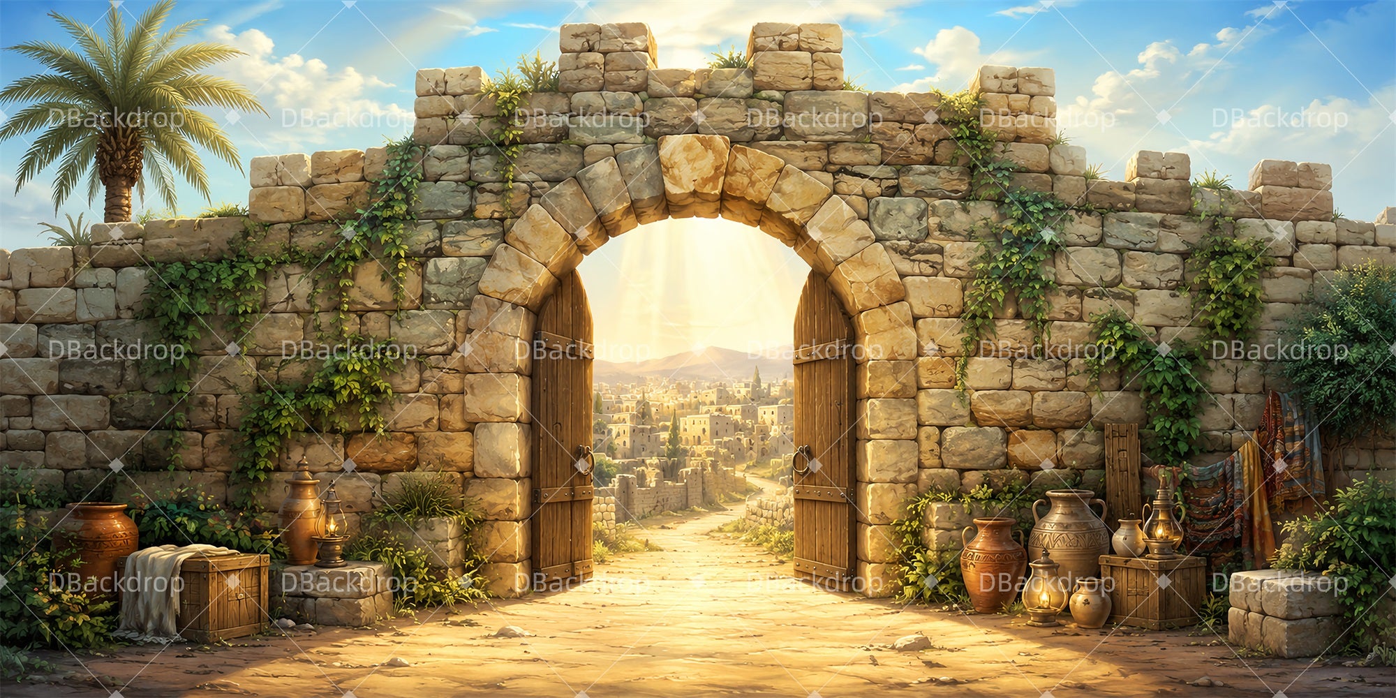 Stone Wall Backdrop Ancient Stone Gate VBS Backdrops LXX65-T11