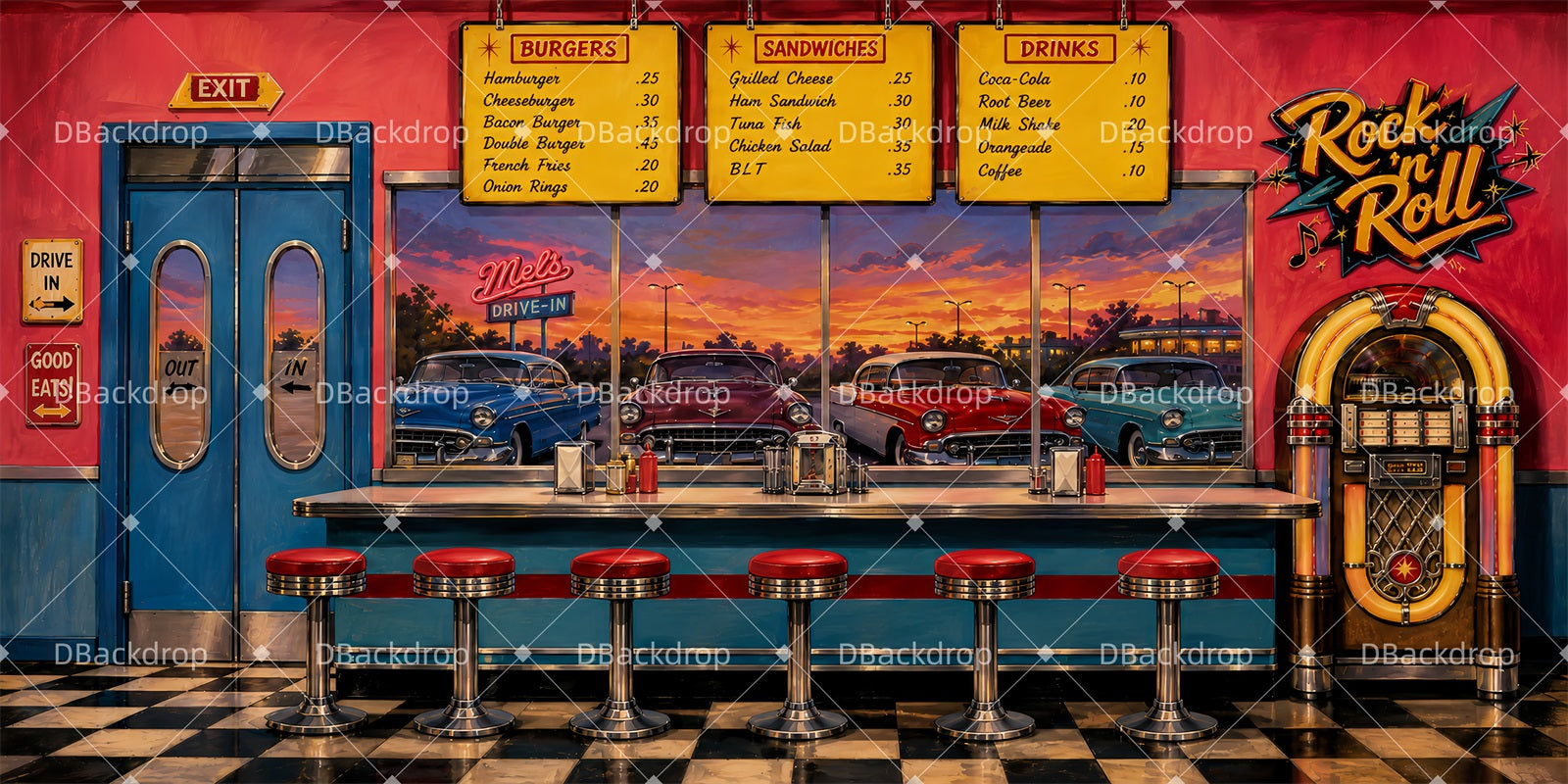 Cheap Theater Backdrops Vintage Rock Diner Stage Backdrops LXX66-T88