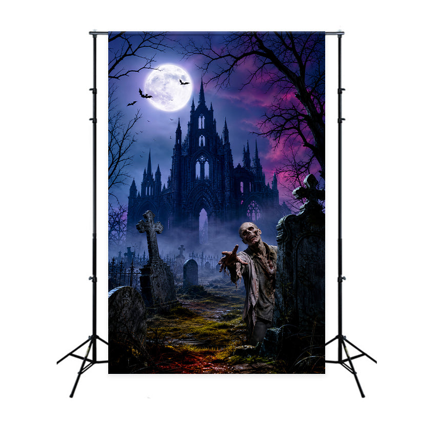 Halloween Party Picture Backdrop Moonlit Castle Zombie Graveyard Halloween LXX67-1