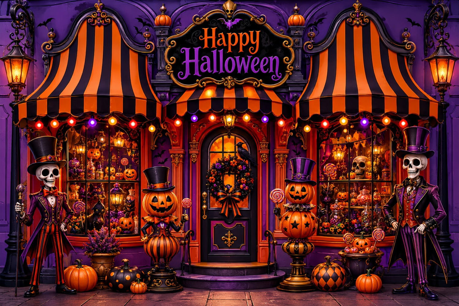 Halloween Backdrop Ideas DIY Skeleton Pumpkin Candy Shop Purple Halloween Backdrop LXX67-100