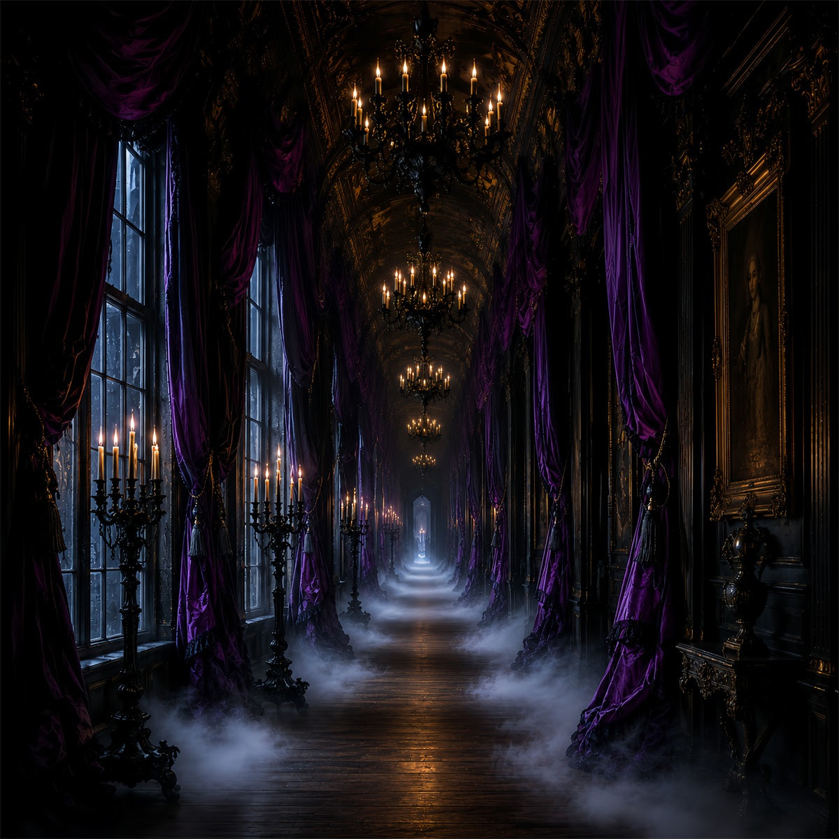 Halloween Themed Backdrops Purple Candle Gothic Hallway Halloween Backdrop Ideas LXX67-112
