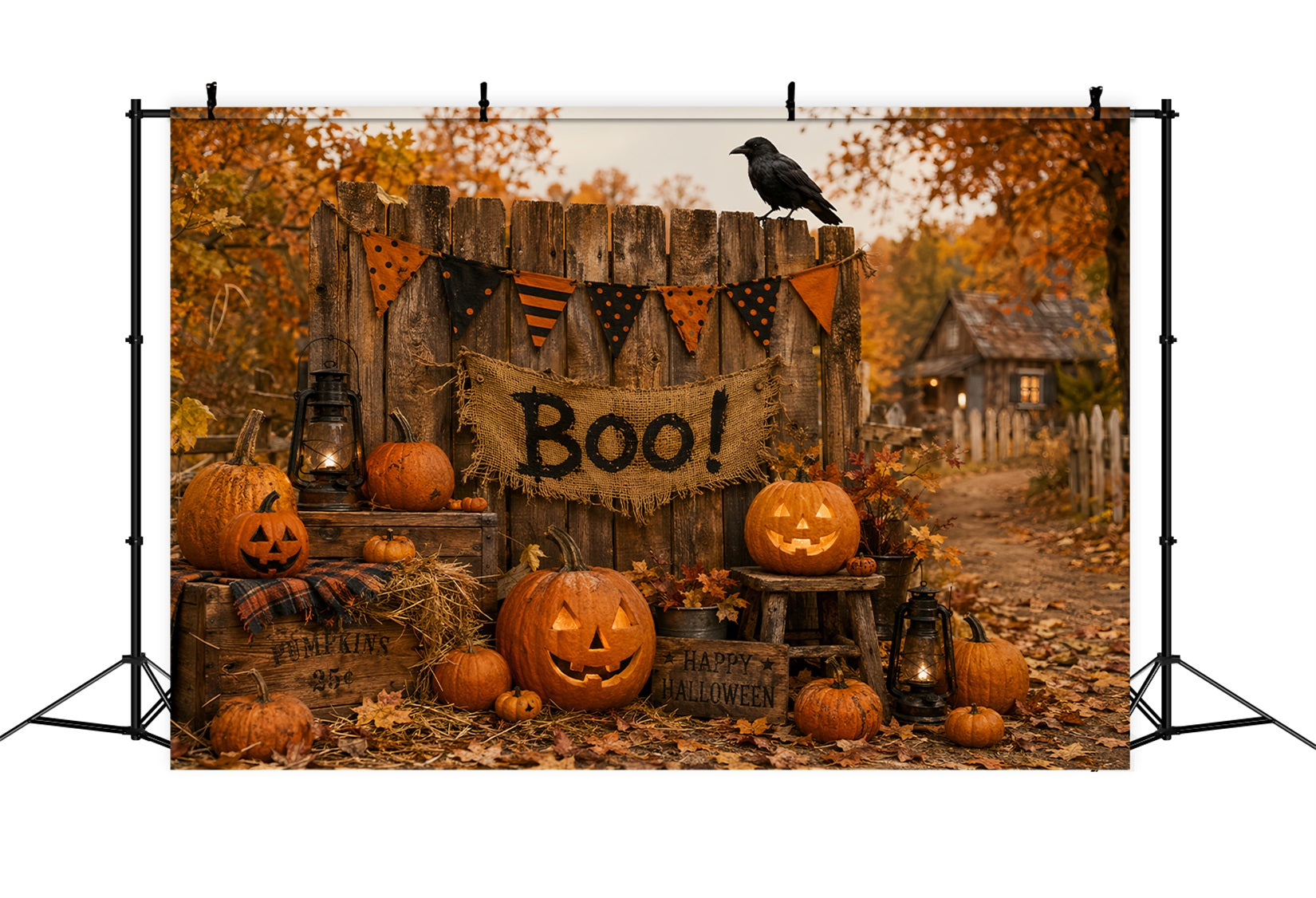 Halloween Backdrop For Photo Booth Rustic Boo Pumpkin Fence Cute Halloween Backdrop LXX67-118
