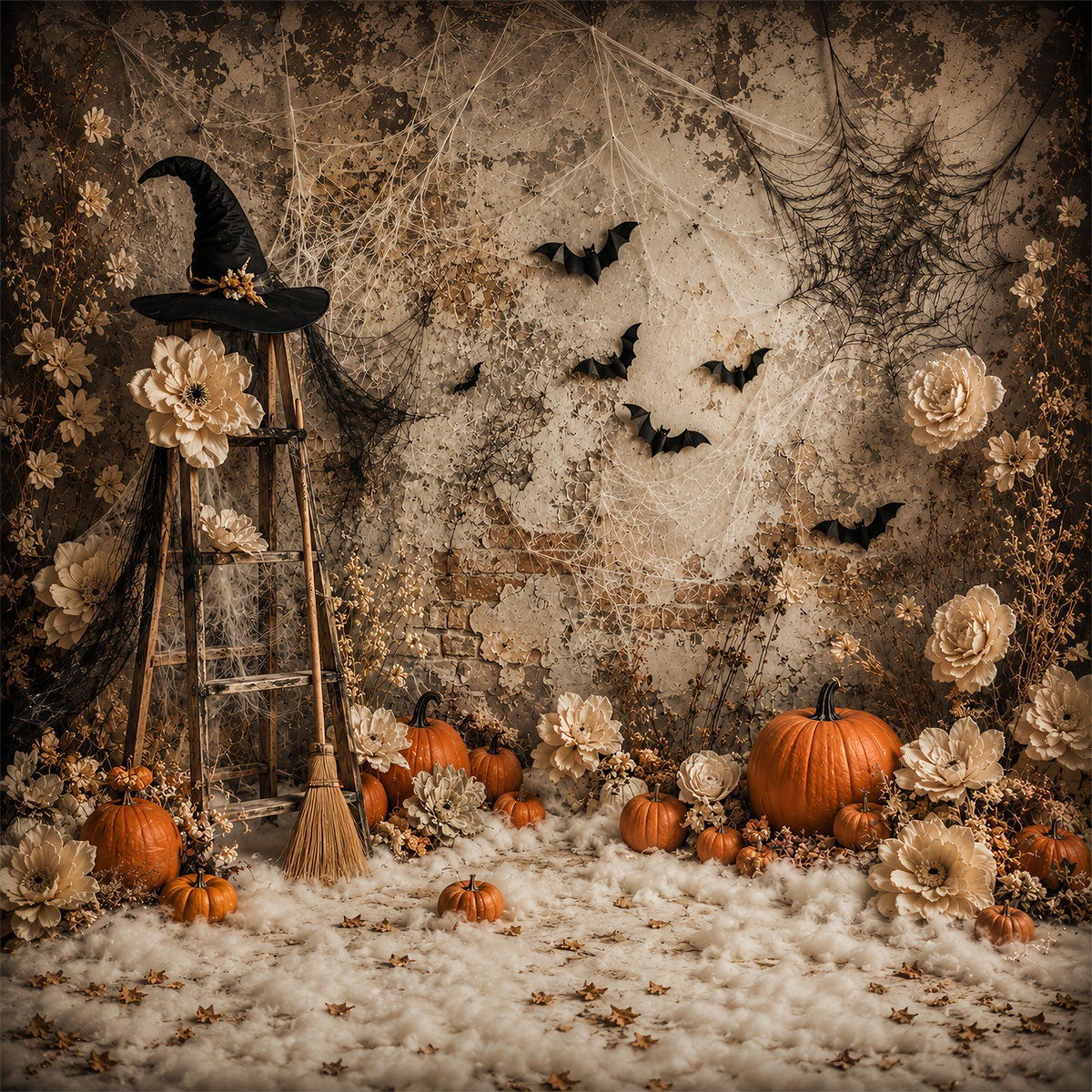 Halloween Pumpkin Backdrop Boho Witch Floral Pumpkins Halloween Photo Backdrop Ideas LXX67-119