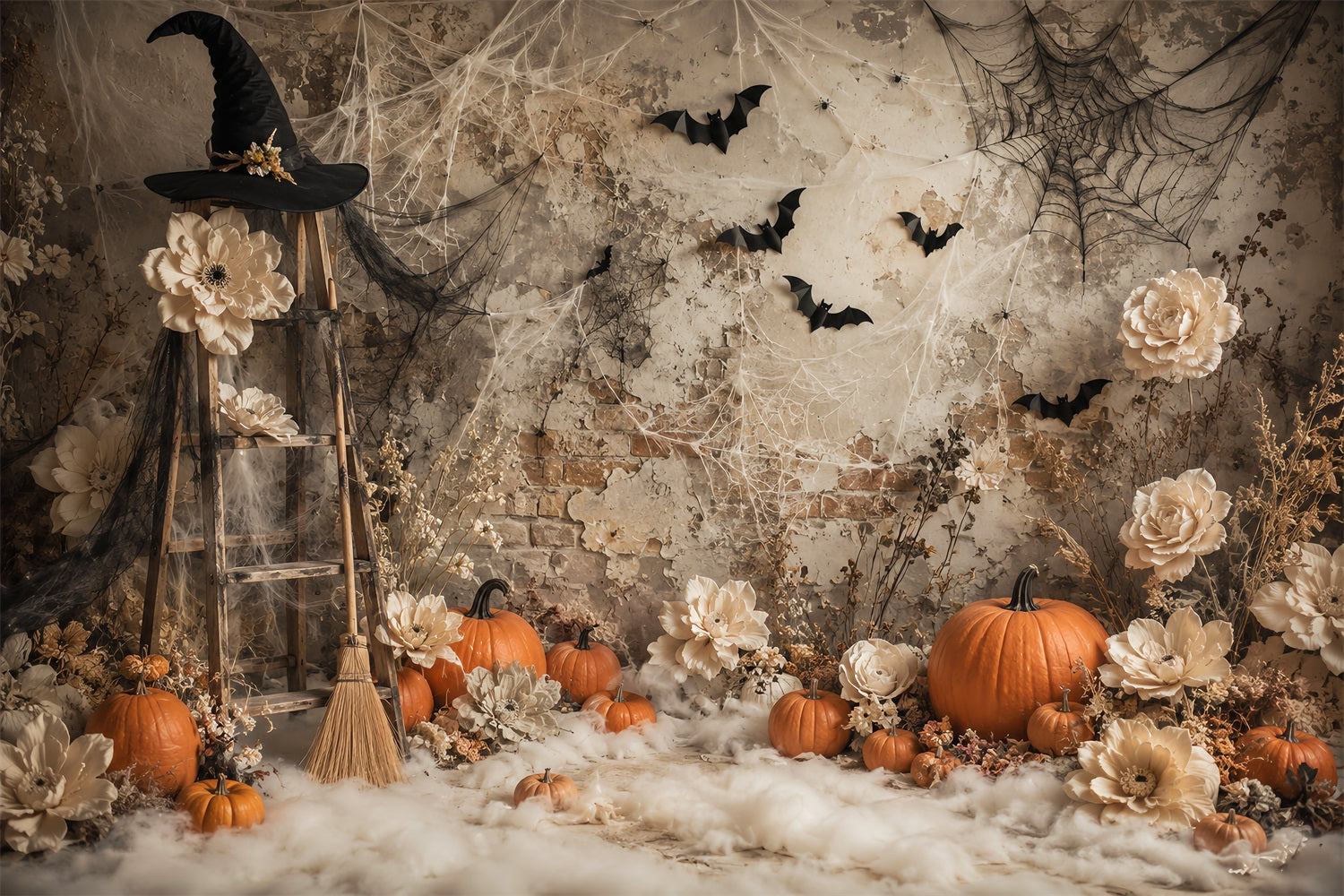 Halloween Pumpkin Backdrop Boho Witch Floral Pumpkins Halloween Photo Backdrop Ideas LXX67-119