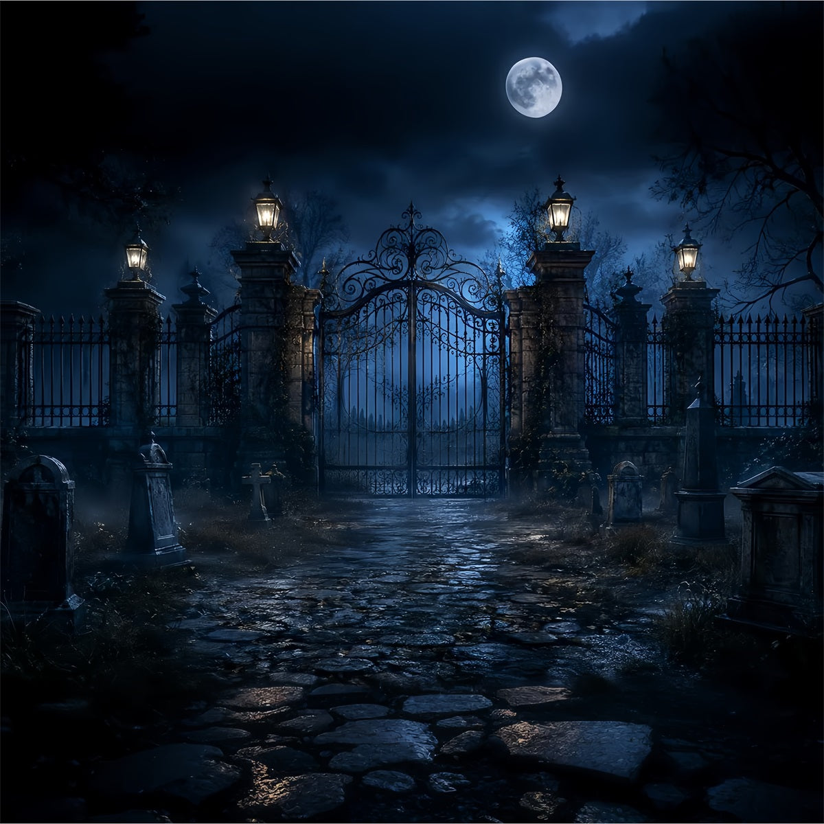 Halloween Outdoor Backdrop Moonlit Cemetery Iron Gate Halloween Backdrops For Photos LXX67-120