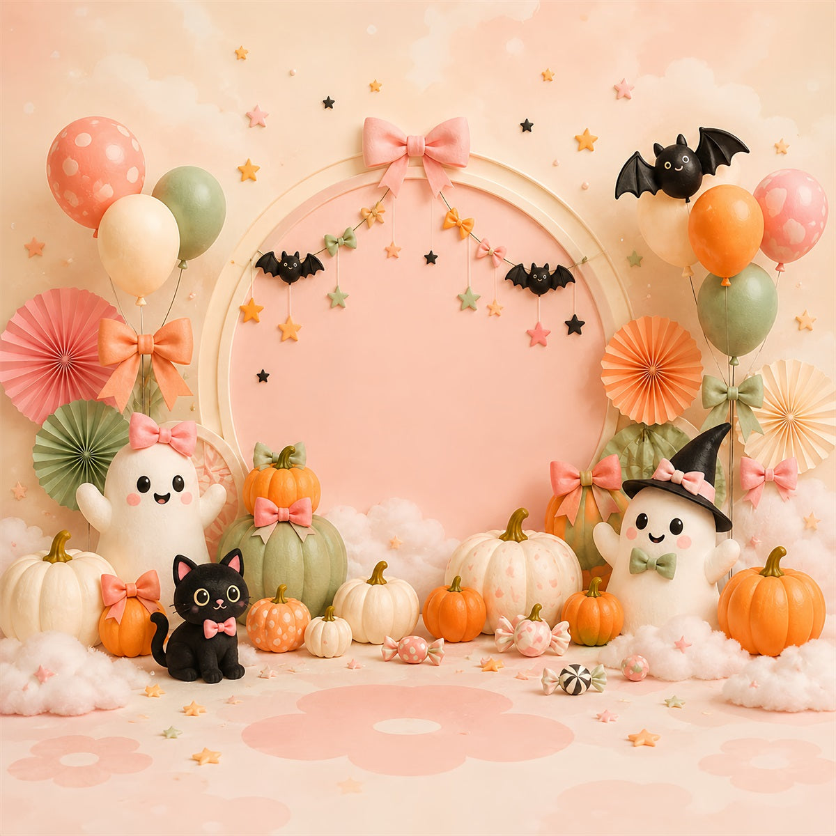Cute Halloween Photo Backdrop Pastel Ghost Cat Pumpkins Backdrop Halloween LXX67-123