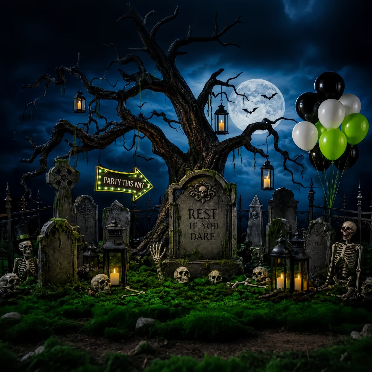 Custom Halloween Backdrop Moonlit Graveyard Skeleton Party Halloween Graveyard Backdrop LXX67-124