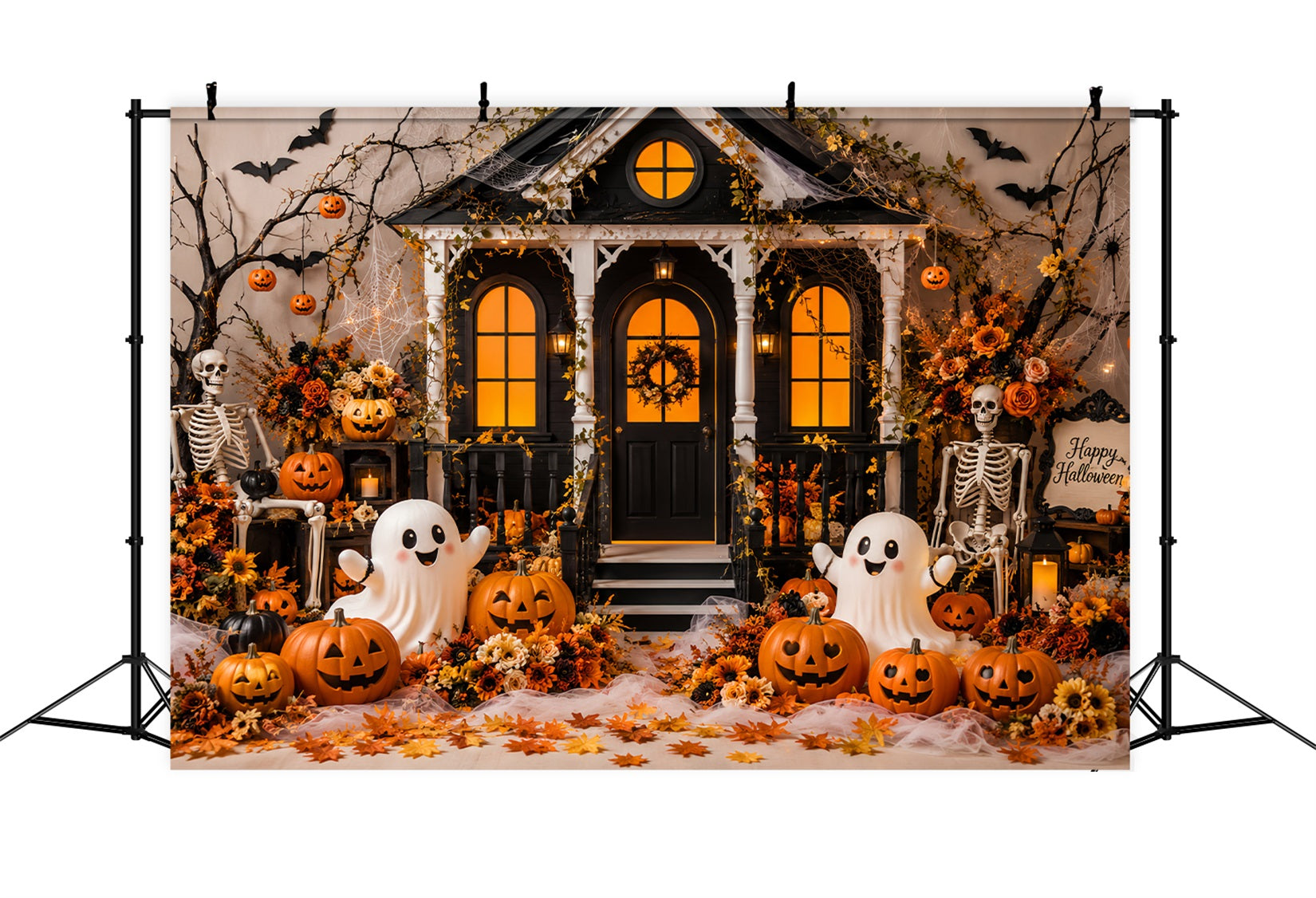 Fall Halloween Backdrop Cute Ghost Pumpkin Porch Scary Halloween Backdrops LXX67-127