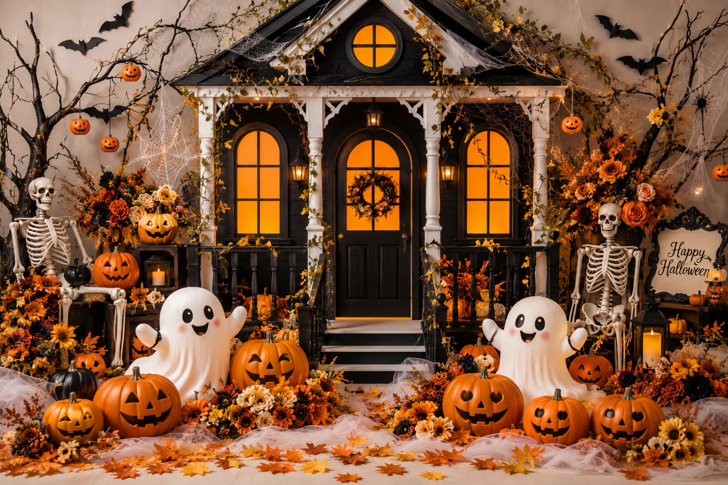 Fall Halloween Backdrop Cute Ghost Pumpkin Porch Scary Halloween Backdrops LXX67-127