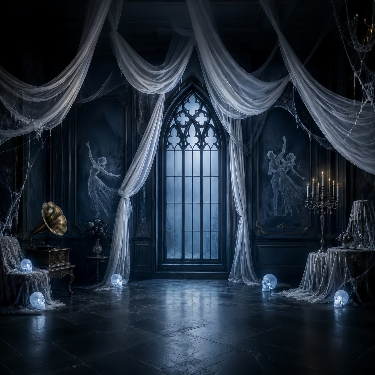 Halloween Ghost Backdrop Ghostly Gothic Window Drapes Scary Halloween Backdrop LXX67-128