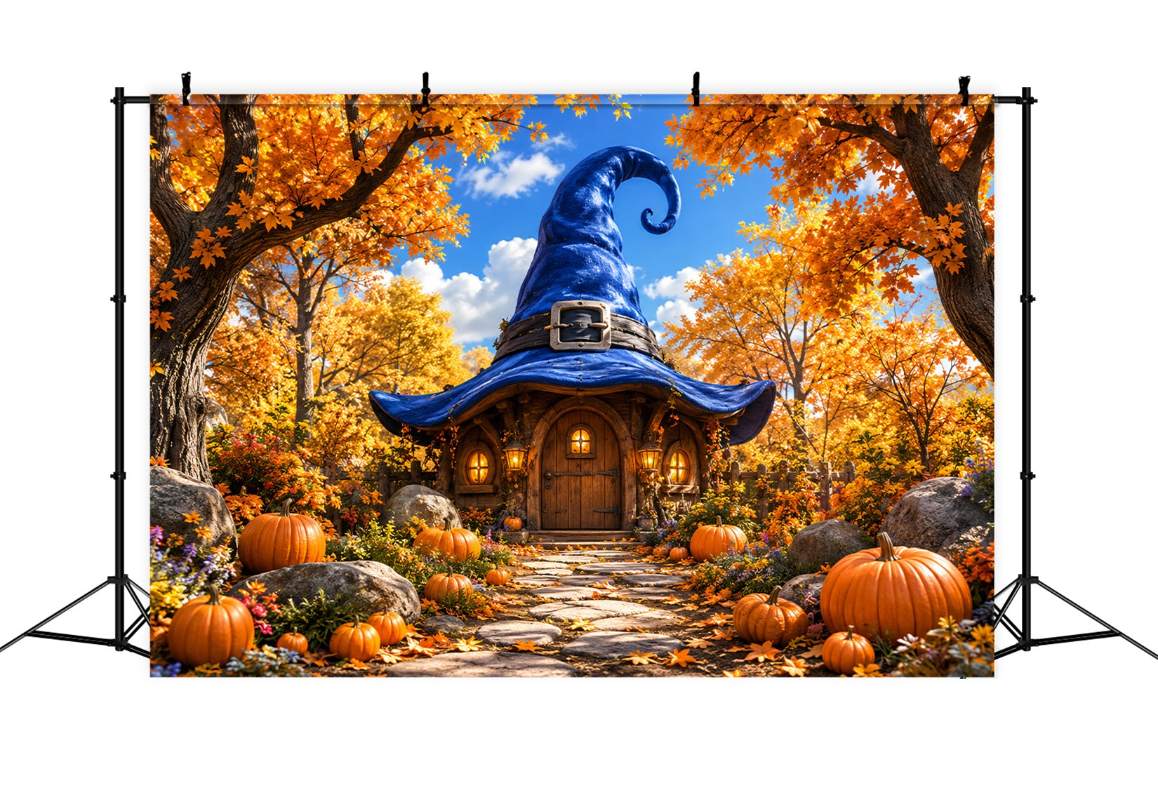 Halloween Cardboard Backdrops Autumn Witch Hat Cottage Halloween Photography Backdrop LXX67-129