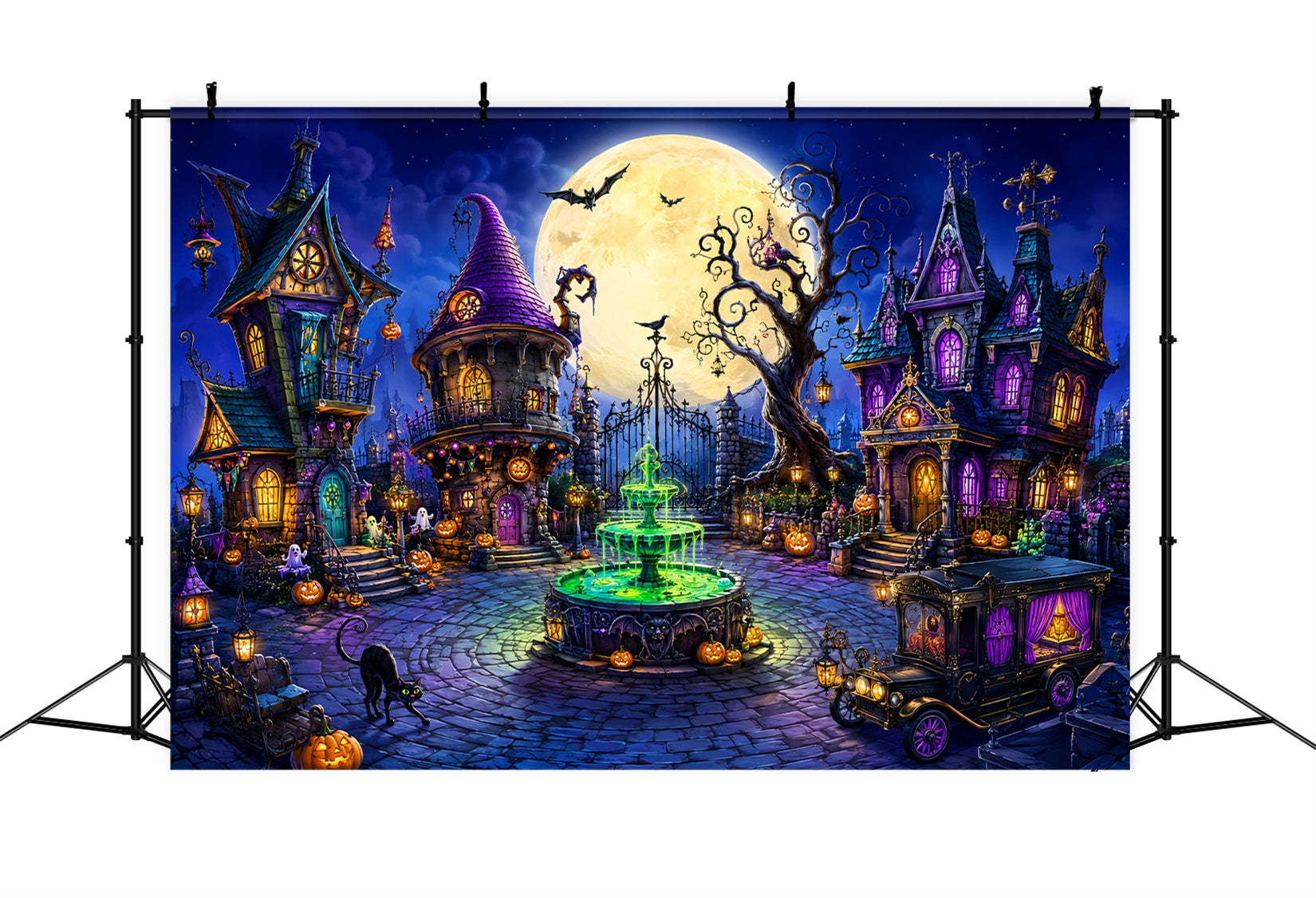 Halloween Backdrop Outdoor Whimsical Moon Witch Town Photo Backdrop Halloween LXX67-131