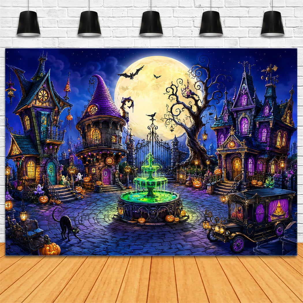 Halloween Backdrop Outdoor Whimsical Moon Witch Town Photo Backdrop Halloween LXX67-131