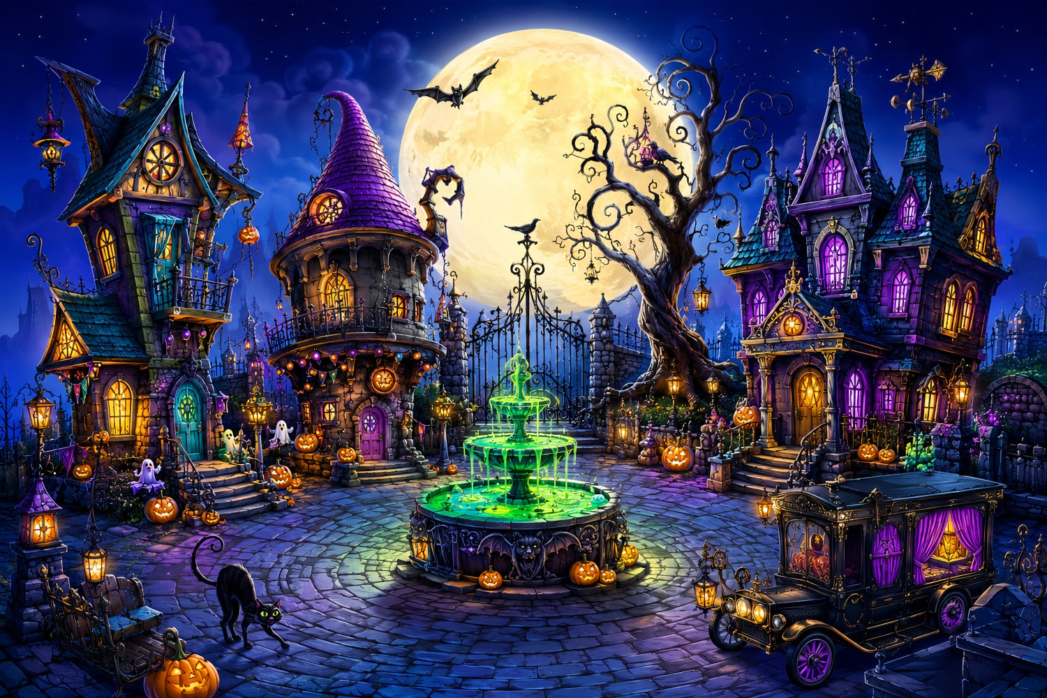 Halloween Backdrop Outdoor Whimsical Moon Witch Town Photo Backdrop Halloween LXX67-131