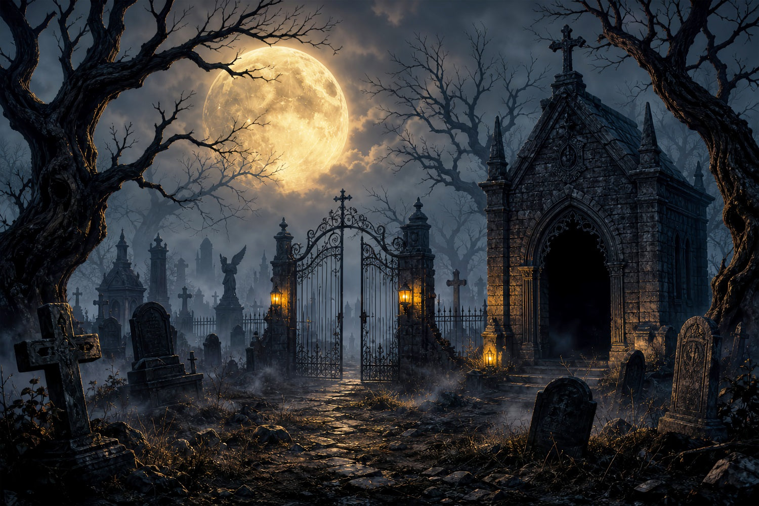 Halloween Graveyard Backdrops Moonlit Gothic Cemetery Gate Photo Booth Halloween Backdrop LXX67-132