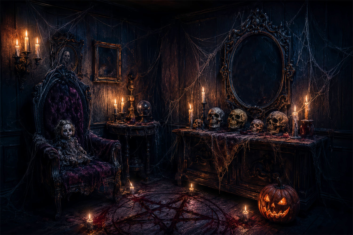 Halloween Spooky Backdrop Gothic Doll Skull Chamber Spooky Halloween Backdrops LXX67-133
