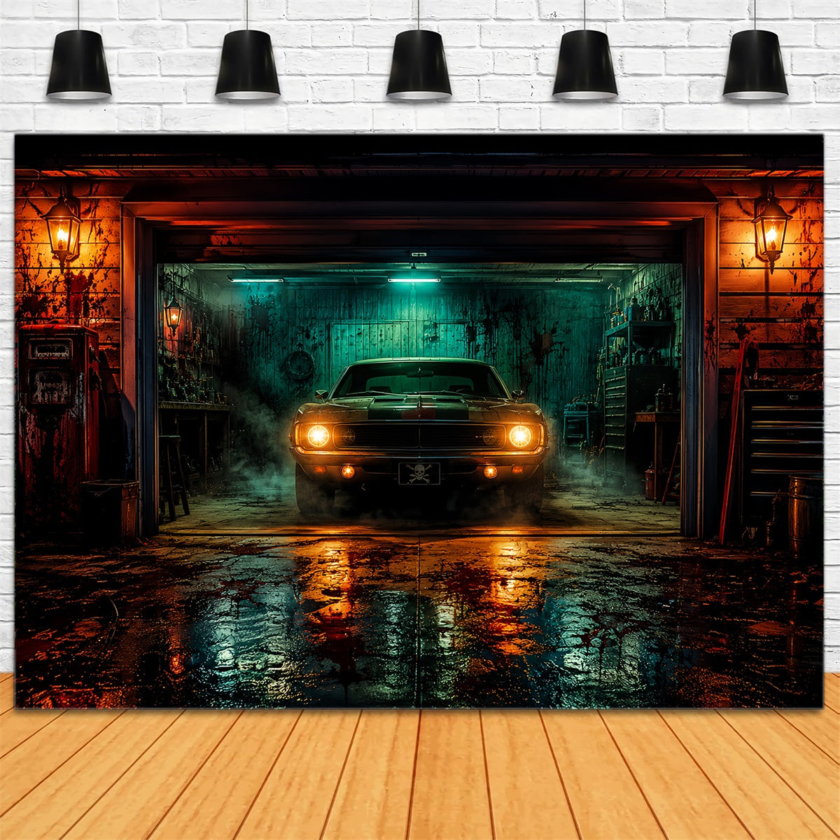 Halloween Garage Backdrop Haunted Muscle Car Barn Backdrops For Halloween LXX67-134