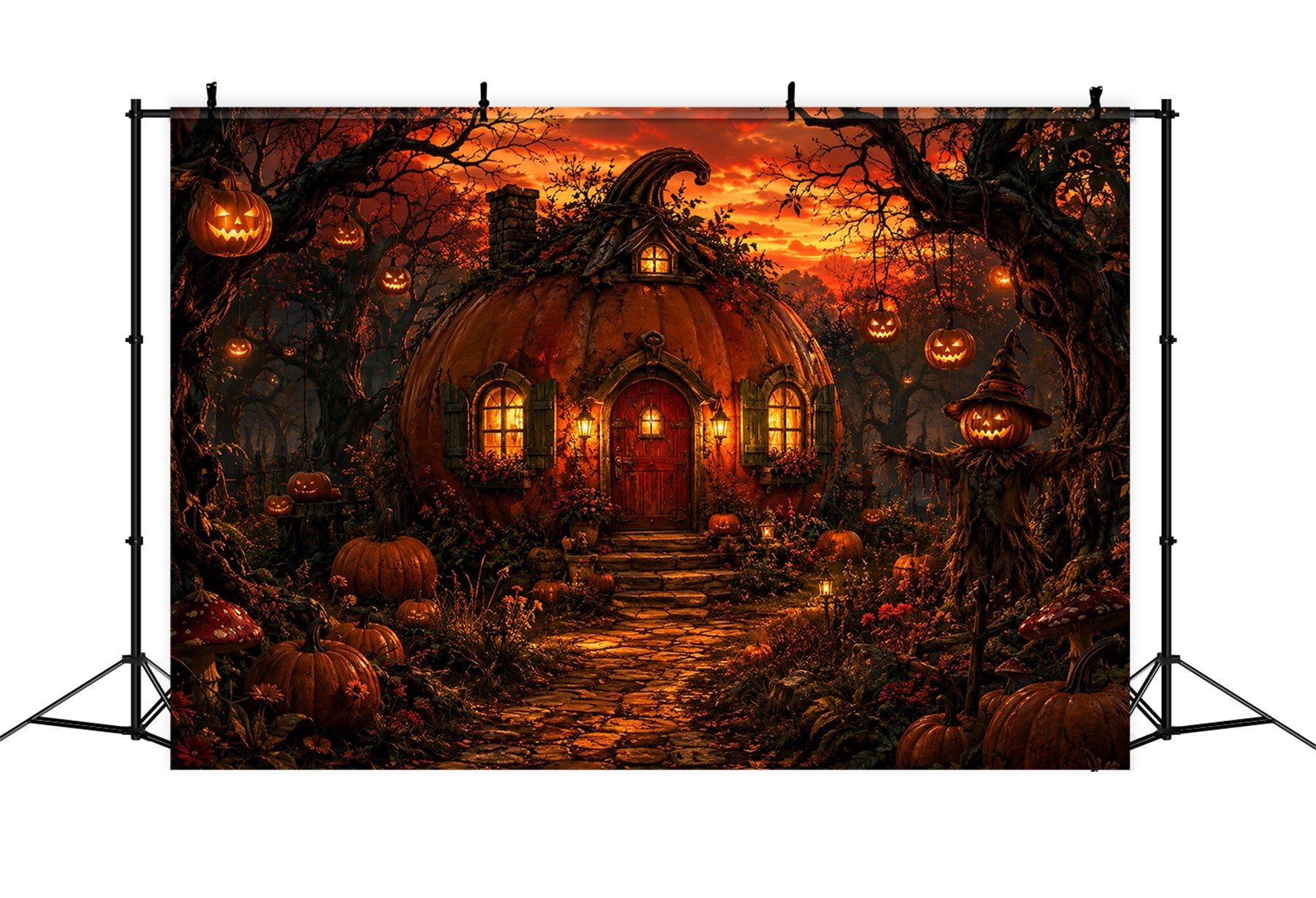 Halloween House Backdrop Pumpkin Cottage Forest Sunset Halloween Cemetery Backdrop LXX67-136